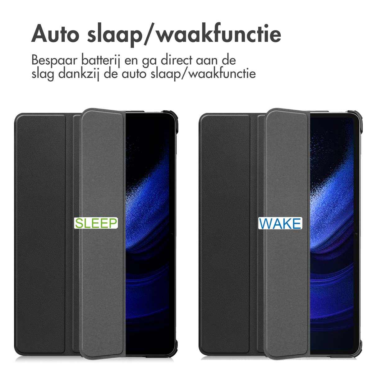 Two images of a tablet case. One shows 'SLEEP' and the other 'WAKE' for auto sleep/wake.