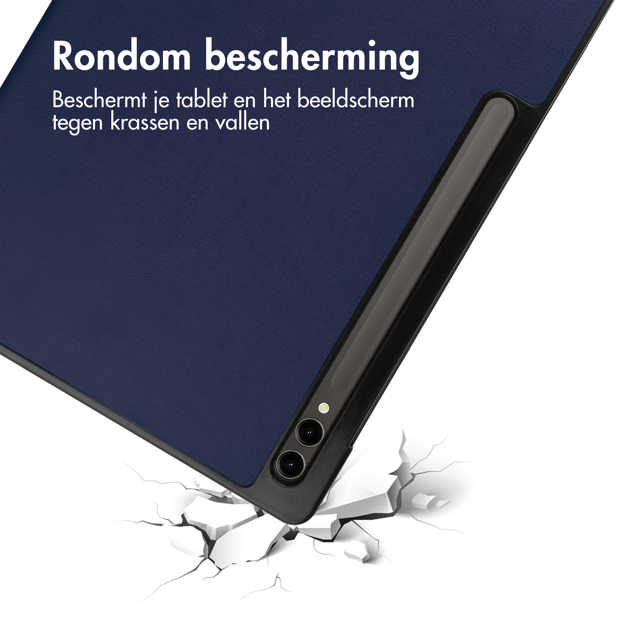A tablet case is falling and cracking the floor. The text says "All-round protection".