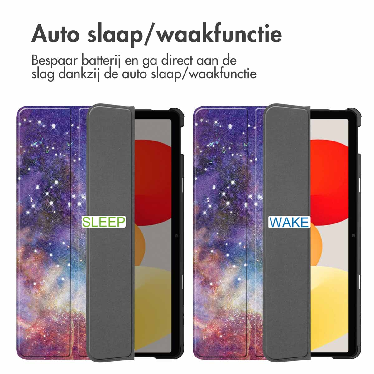 Tablet cases with galaxy print. One displays the sleep function, the other the wake function.