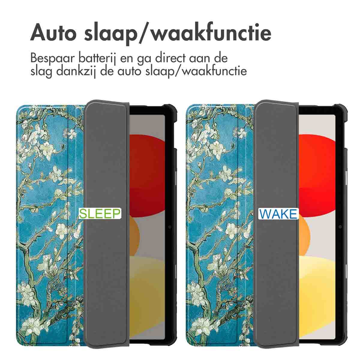 Two tablet covers, open and closed. Both have a floral design. The left is labeled SLEEP, the right is WAKE.