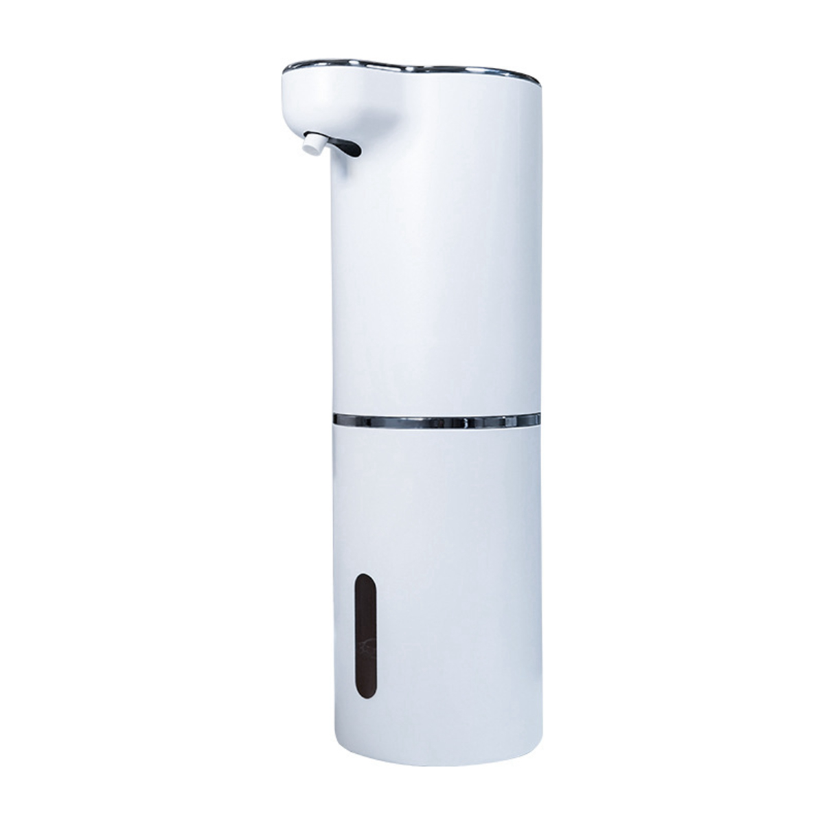 Weißer, automatischer Seifenspender. Er hat ein zylindrisches Design mit einem schwarzen Sensor.