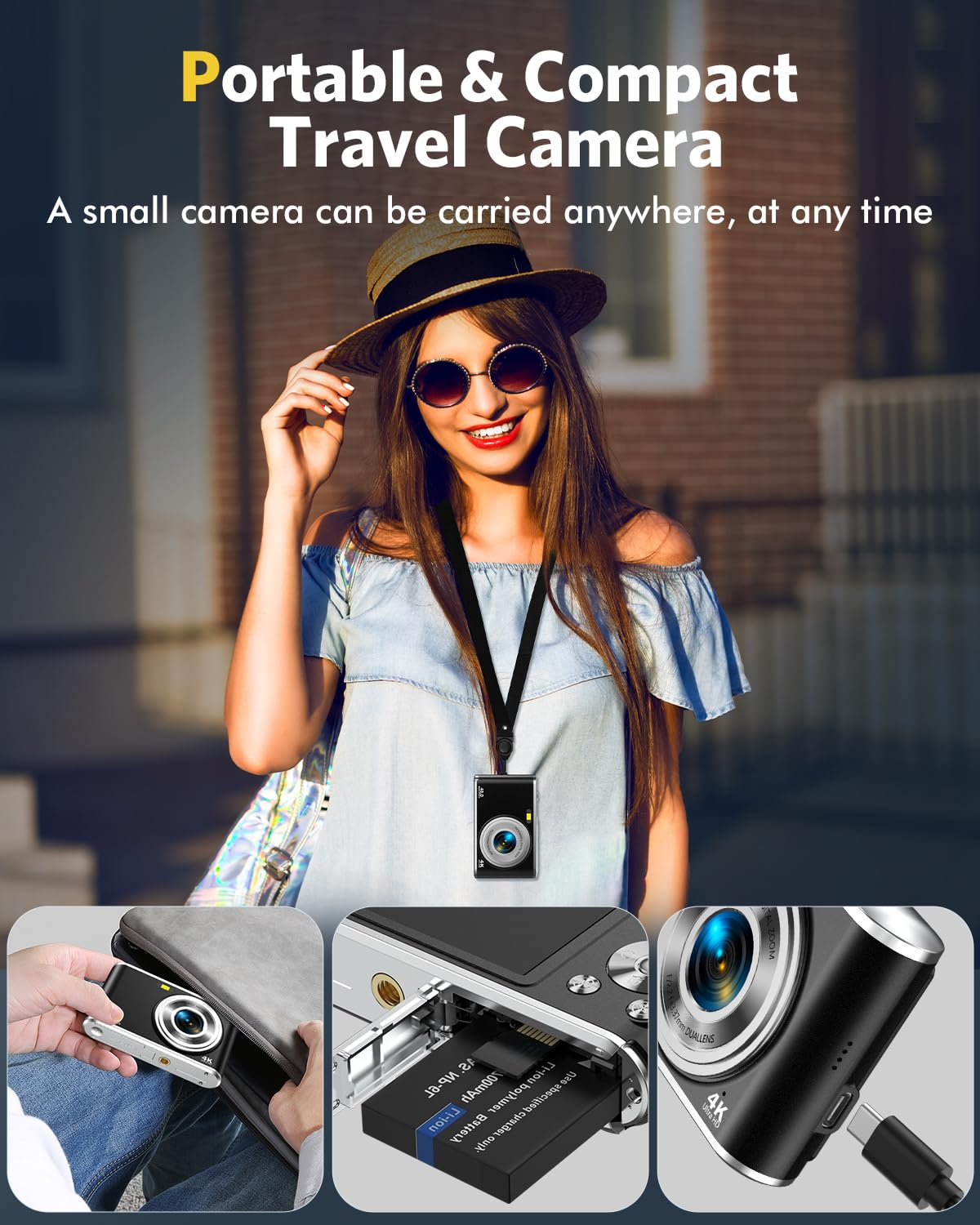 Kobieta w kapeluszu i okularach przeciwsłonecznych trzyma mały aparat. Pokazuje aparat, baterię i port USB.