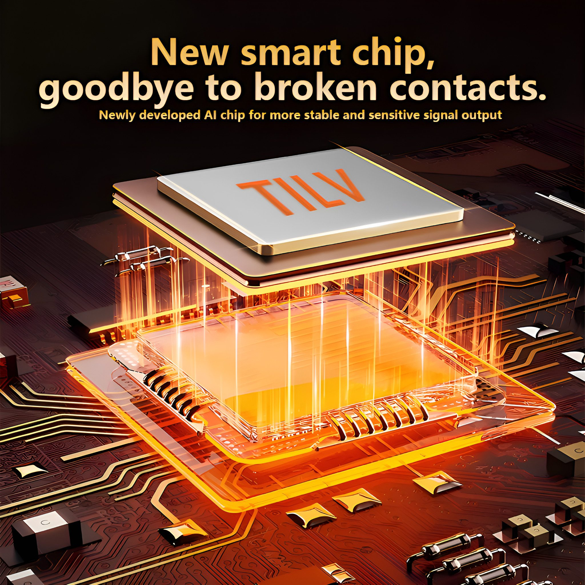 Eine Platine mit orangefarbenen Glühelementen, die einen Smart-Chip für ein Gerät zeigen.