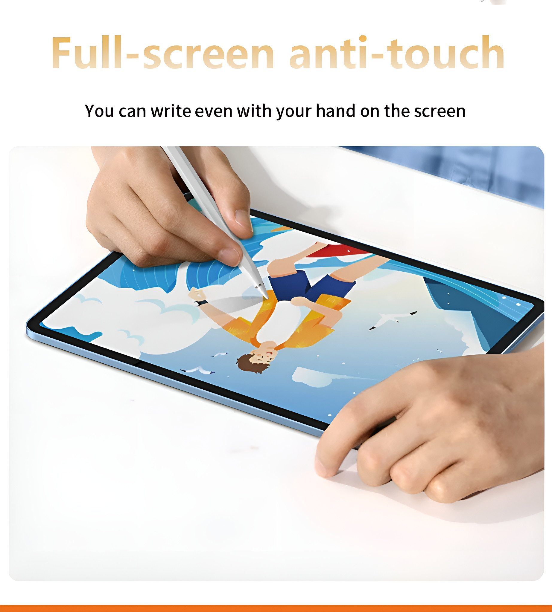 Hände, die mit einem Stift auf einen Tablet-Bildschirm schreiben.