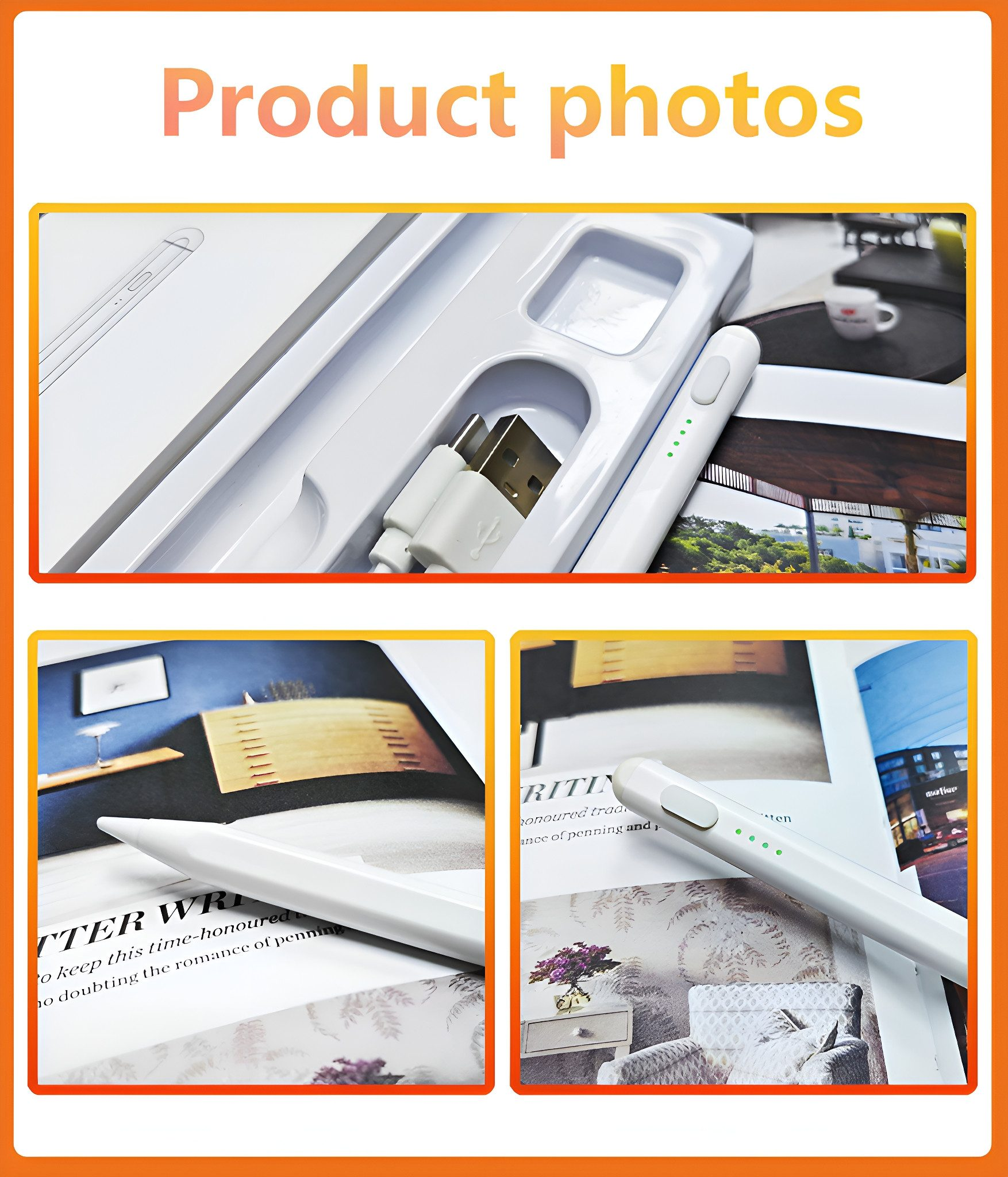 Produktfotos eines weißen Stiftes mit USB-Kabel, gezeigt in einer Box und auf einem Magazin.