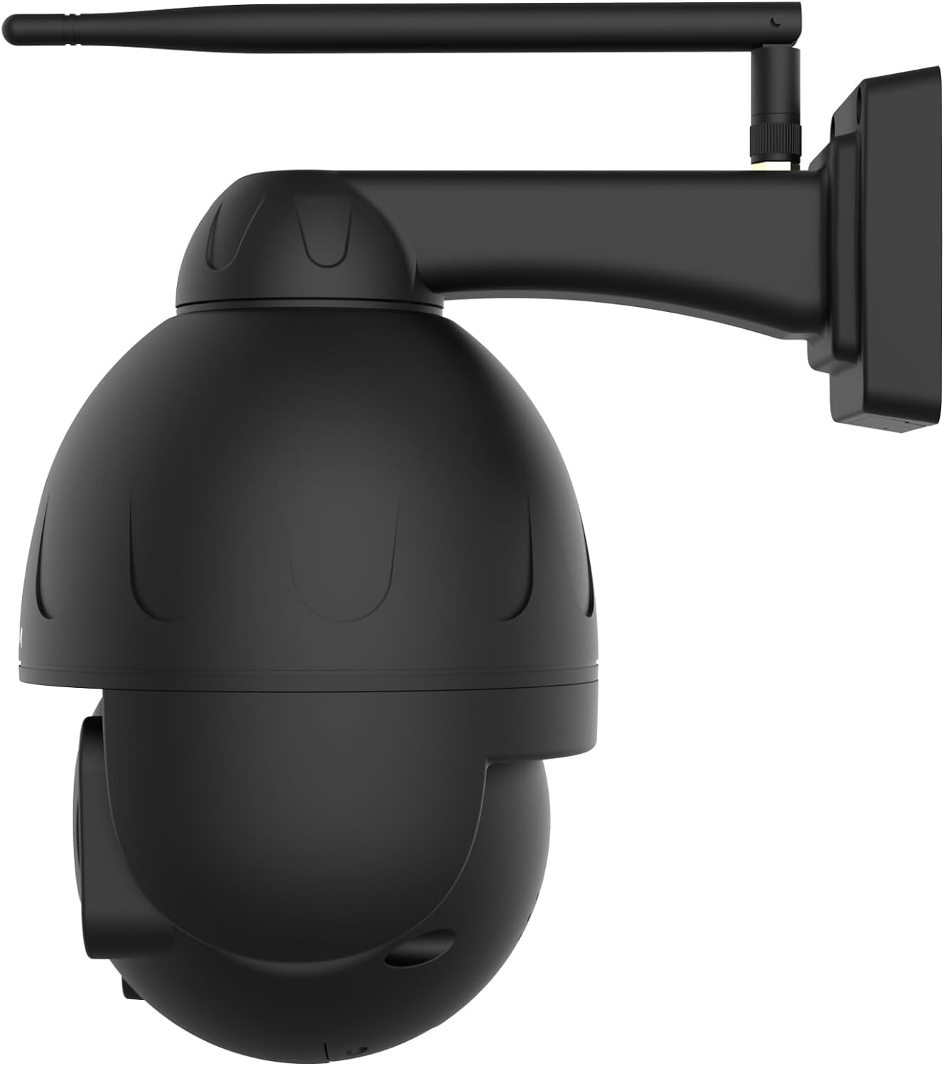 Caméra de sécurité noire avec un dessus arrondi, une longue antenne et montée sur un mur.