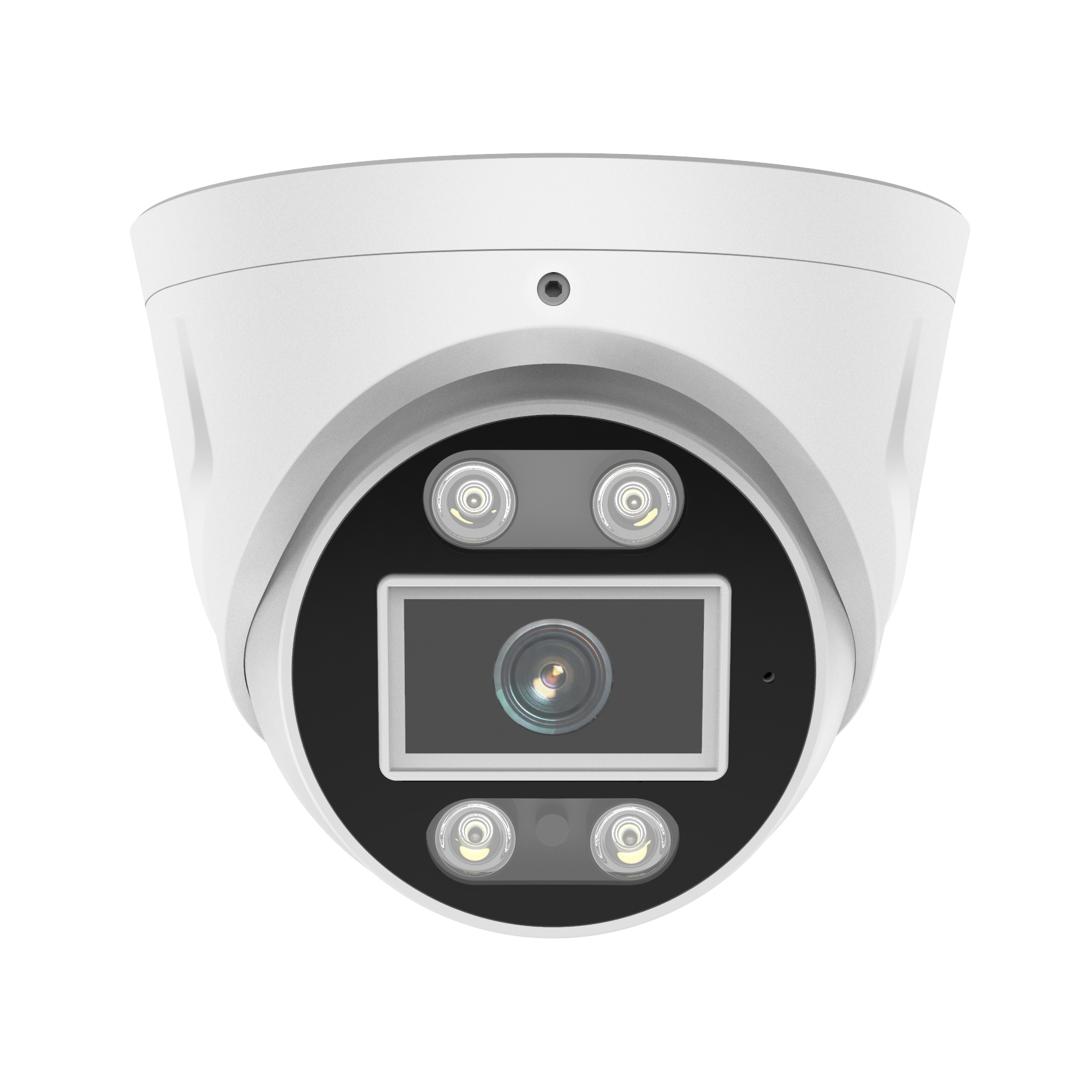 Witte beveiligingscamera met een zwarte ring rond de lens. De camera staat op een witte achtergrond.
