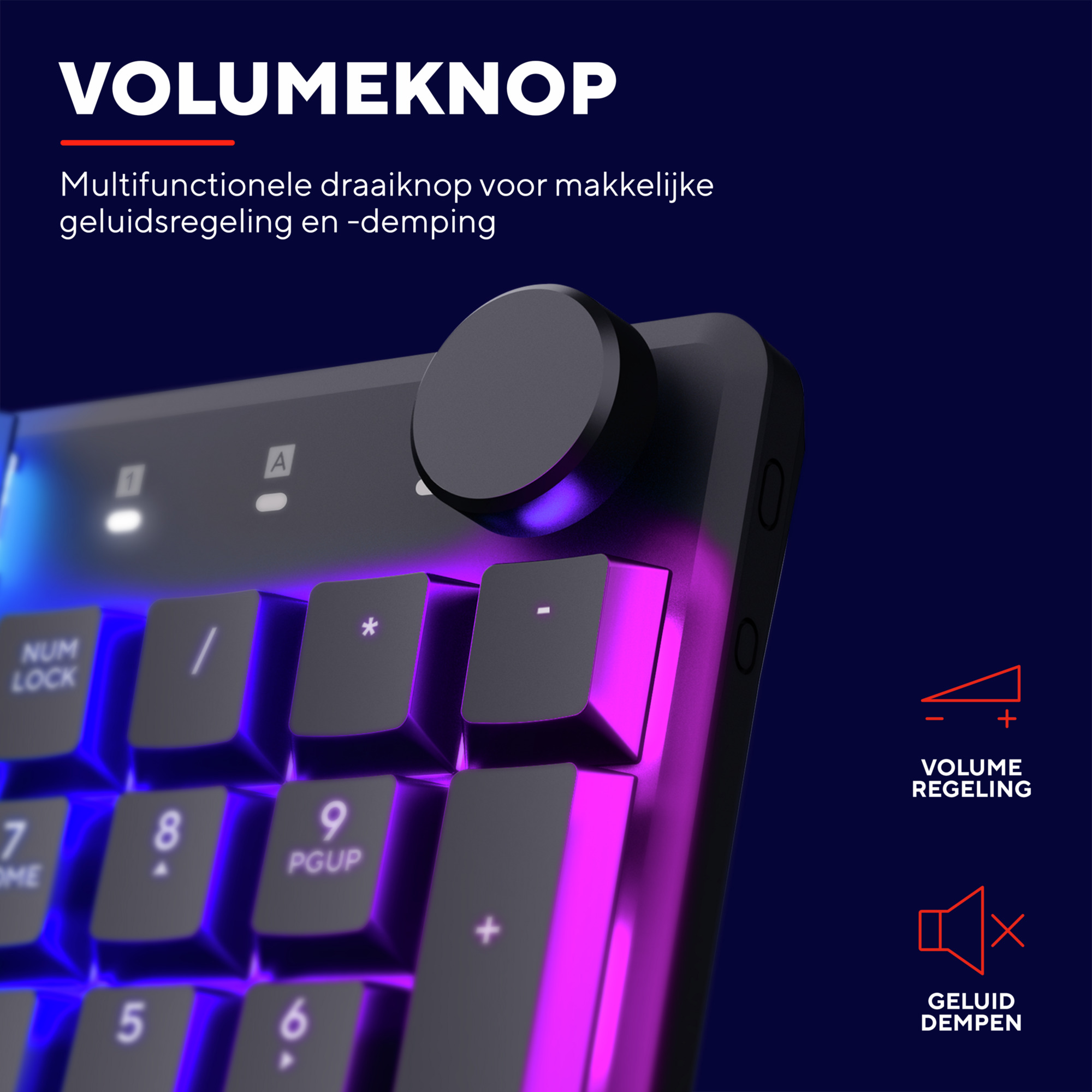 Keyboard with a volume knob on the top right. The keyboard has a pink and purple light.