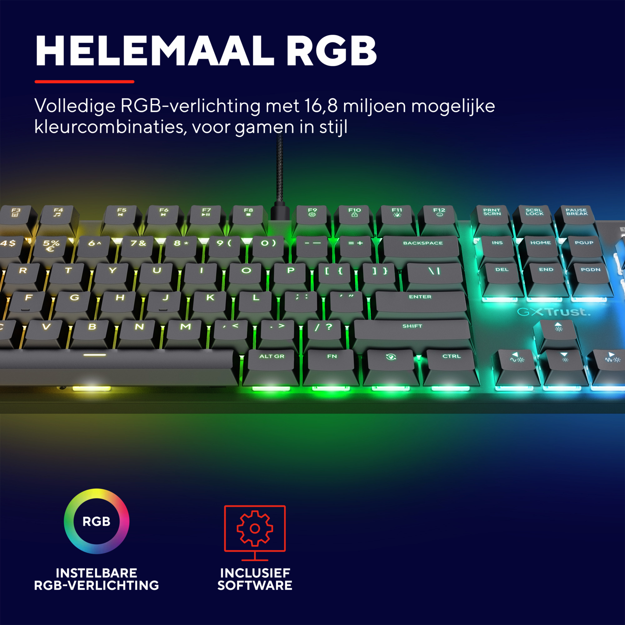 A black keyboard with RGB lighting, with icons and text.