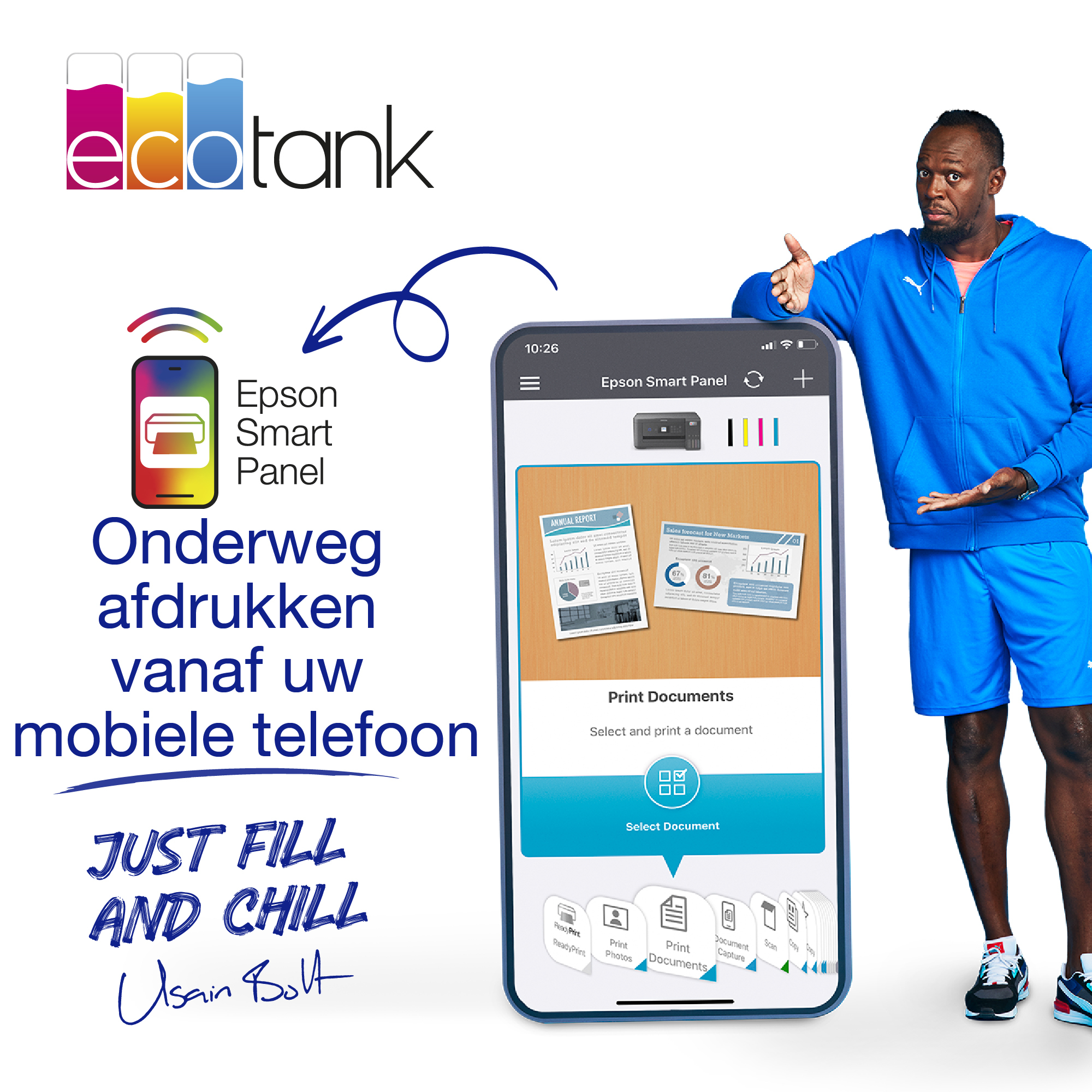 Usain Bolt prezentuje Epson Smart Panel na telefonie. Tekst: Drukuj dokumenty z telefonu.