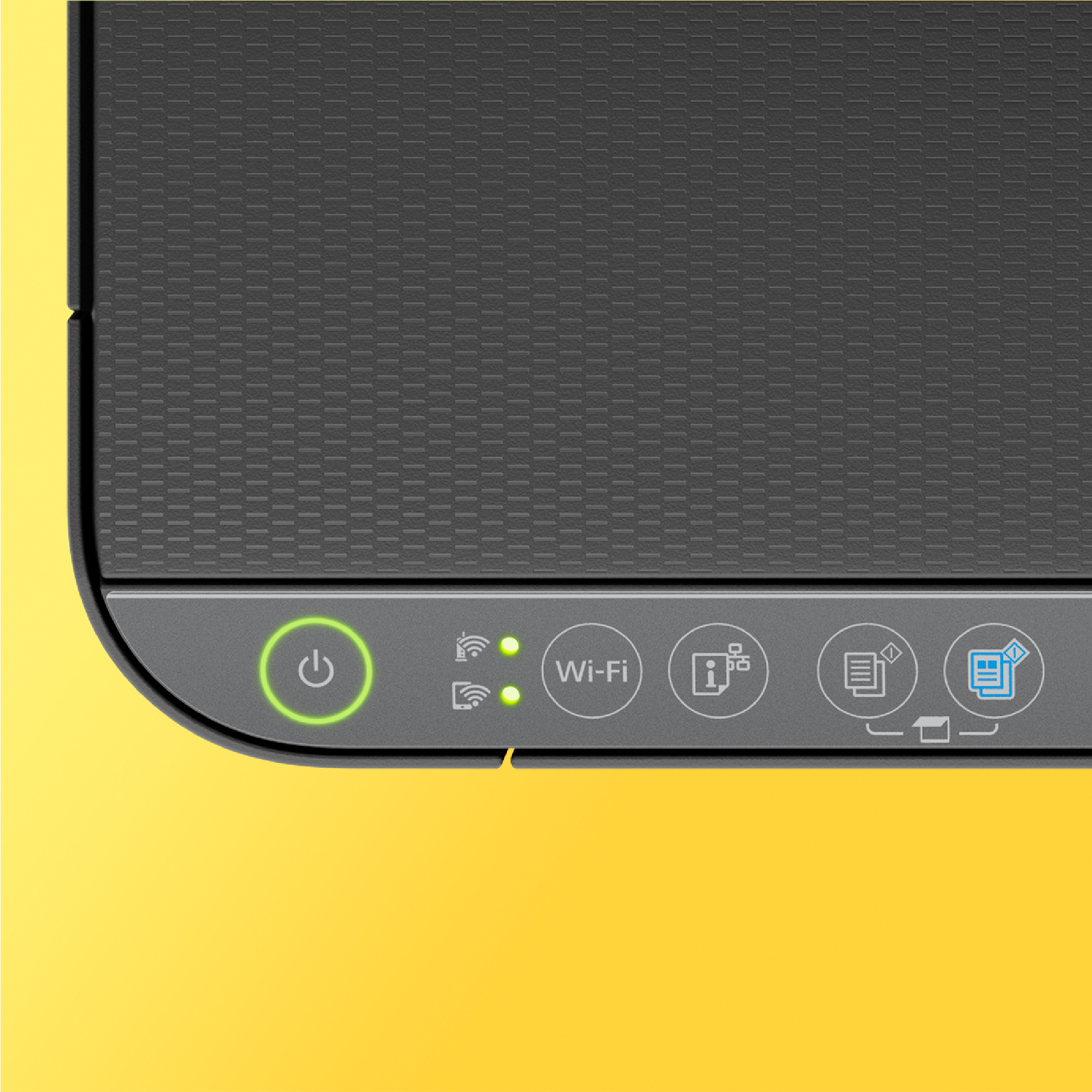 Przyciski drukarki, z zielonym podświetlanym przyciskiem zasilania i ikoną Wi-Fi.