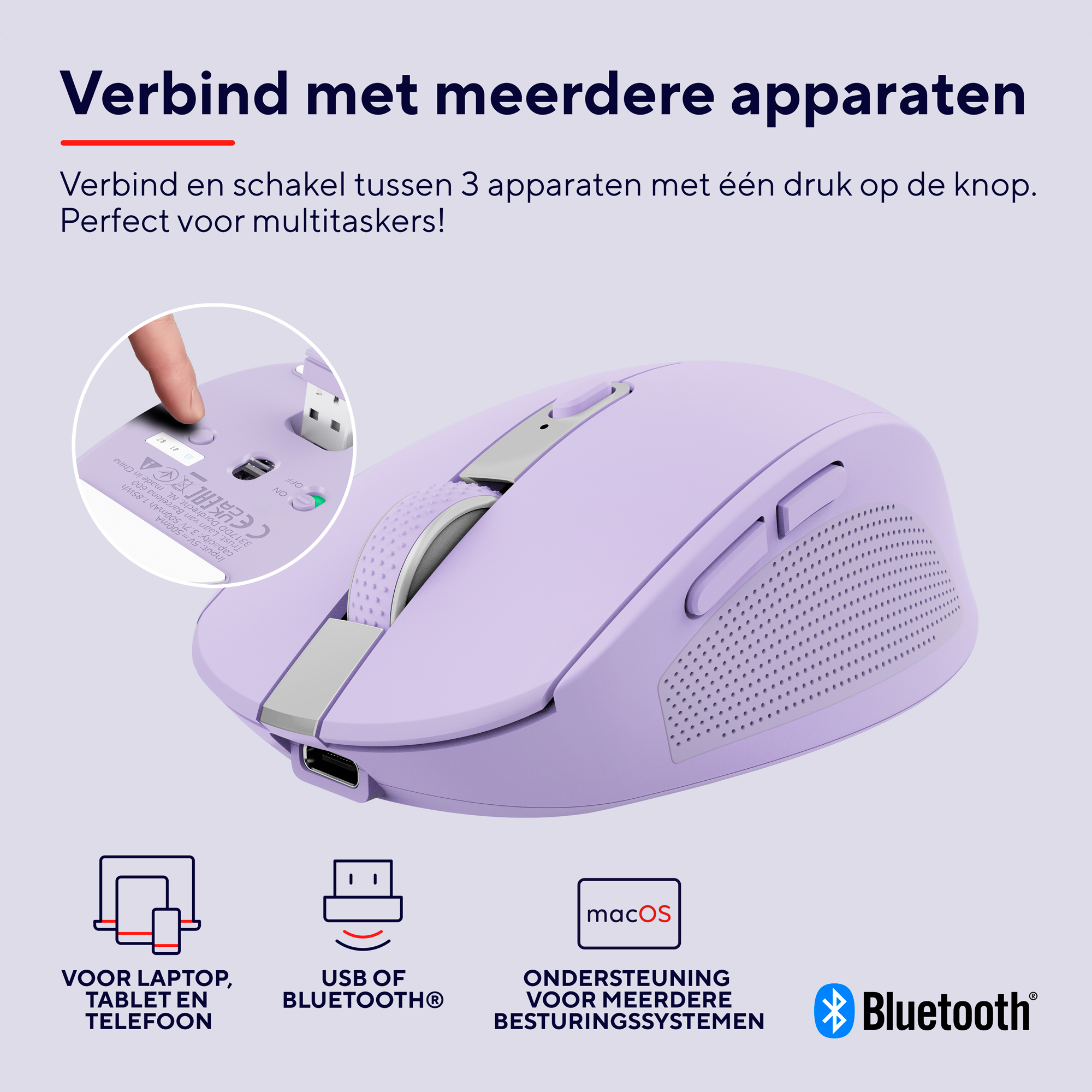 Eine lila kabellose Maus mit Symbolen für Laptop, Bluetooth und macOS.