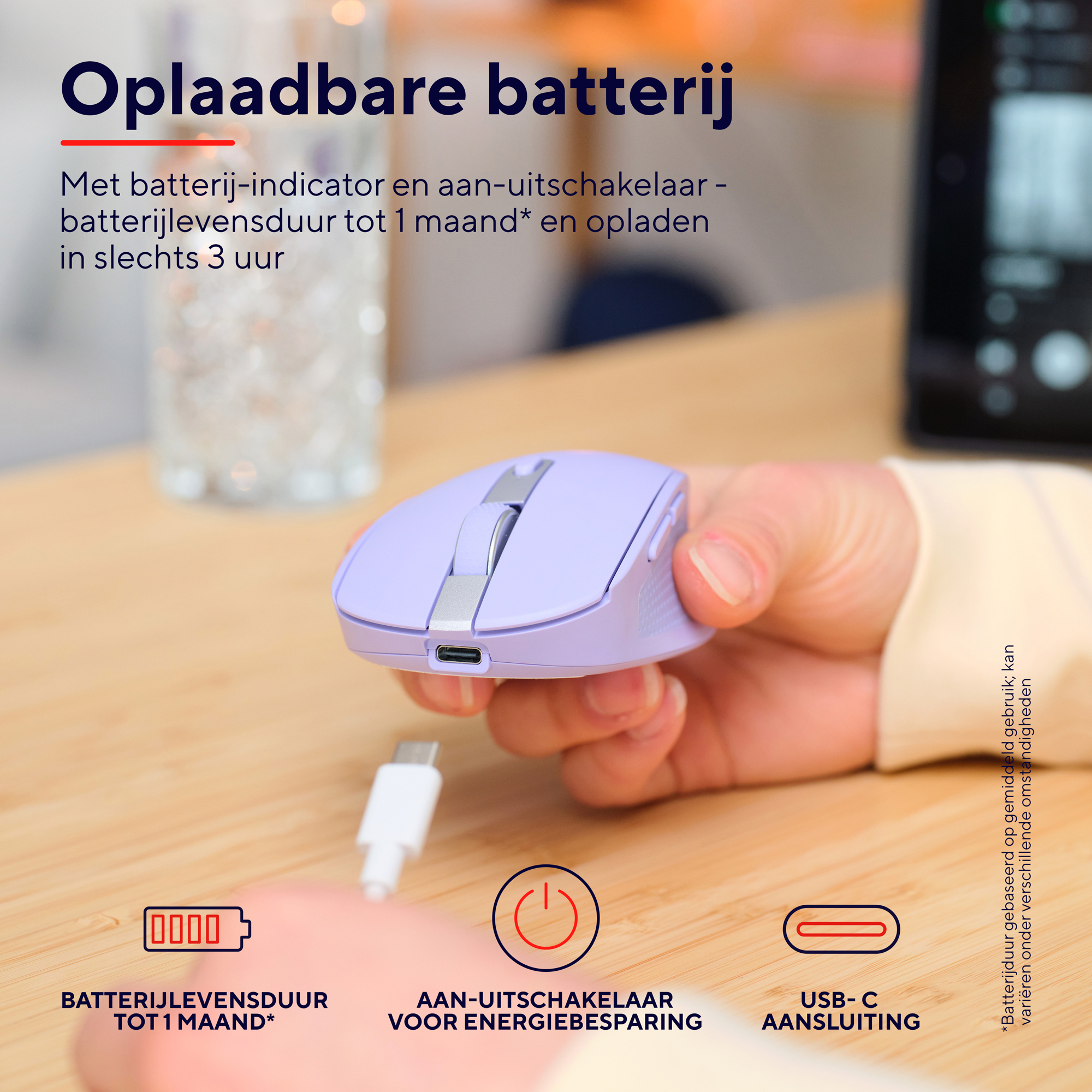 Lila kabellose Maus, Ladekabel, Akkusymbol und Ein-/Ausschaltersymbol.