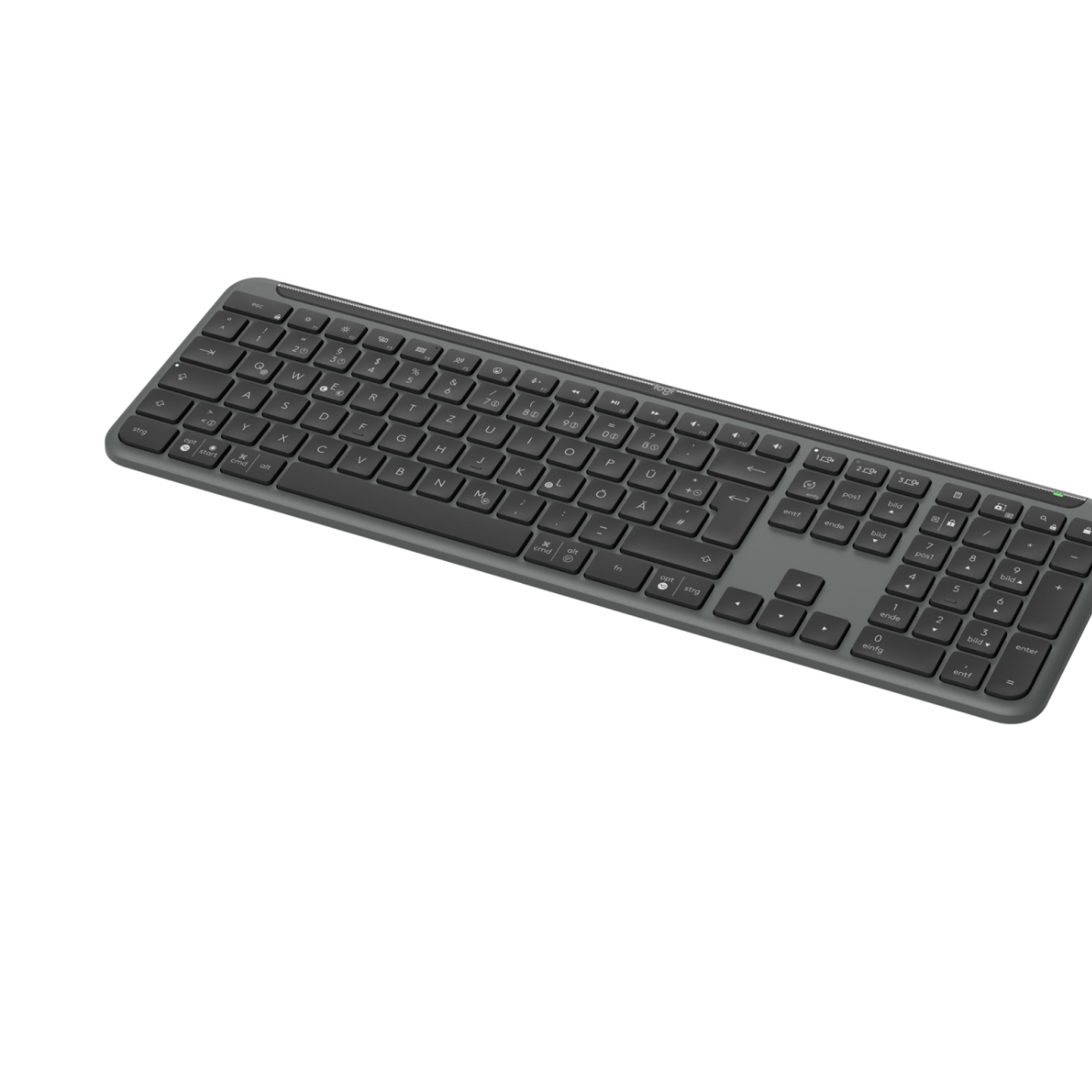 Szara klawiatura z czarnymi klawiszami. Jest skierowana w górę. Klawisze mają białe litery.