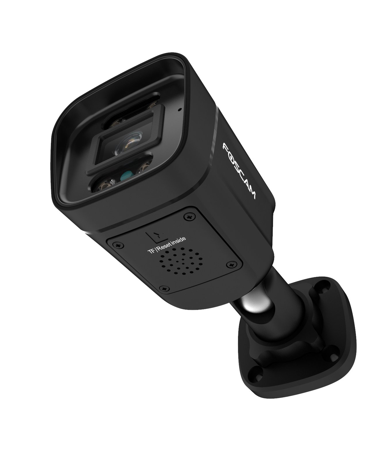 Black Foscam security camera mounted on a wall. White background.
