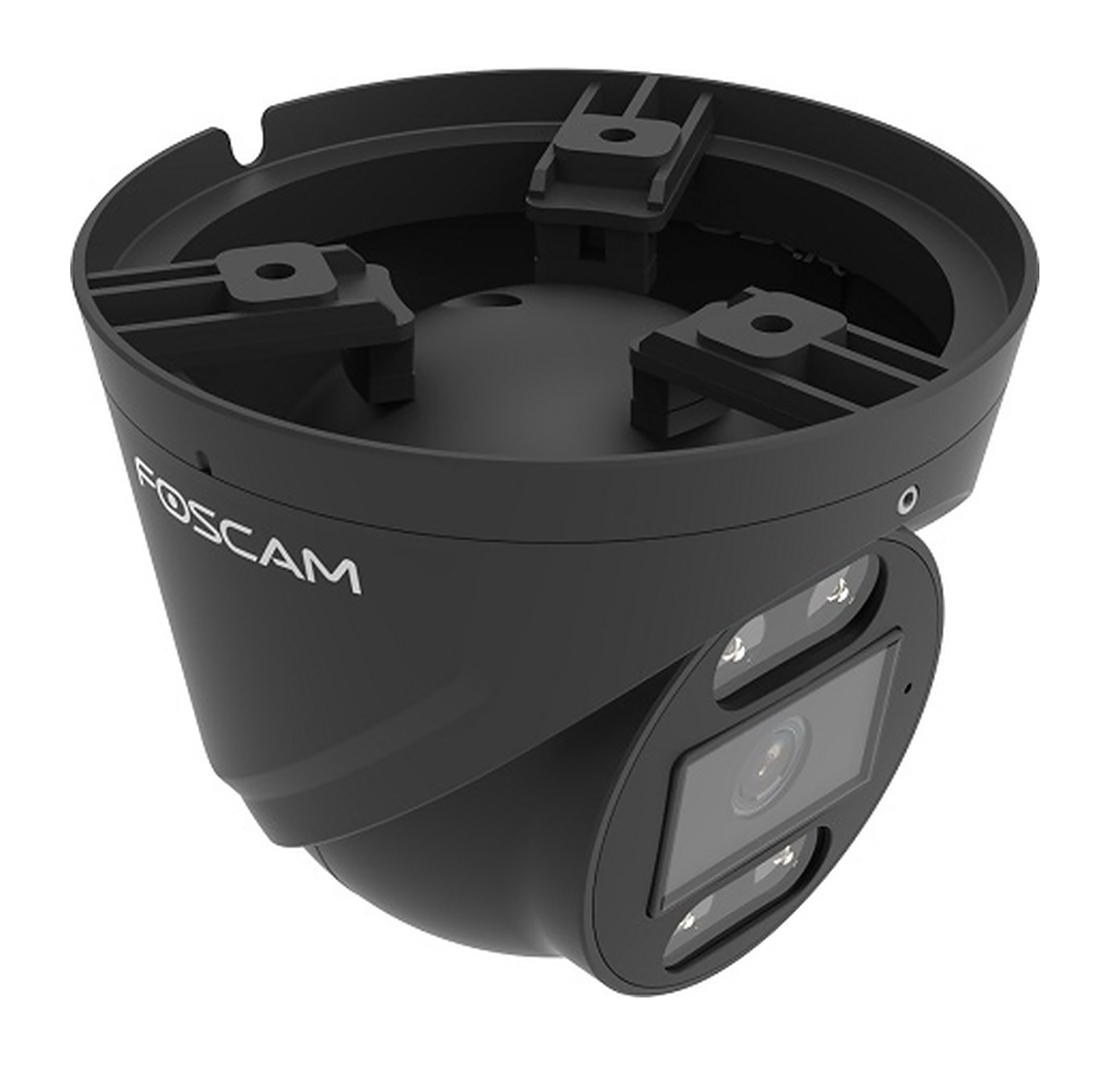 Black security camera. Dome shape, with the Foscam logo. Black background.