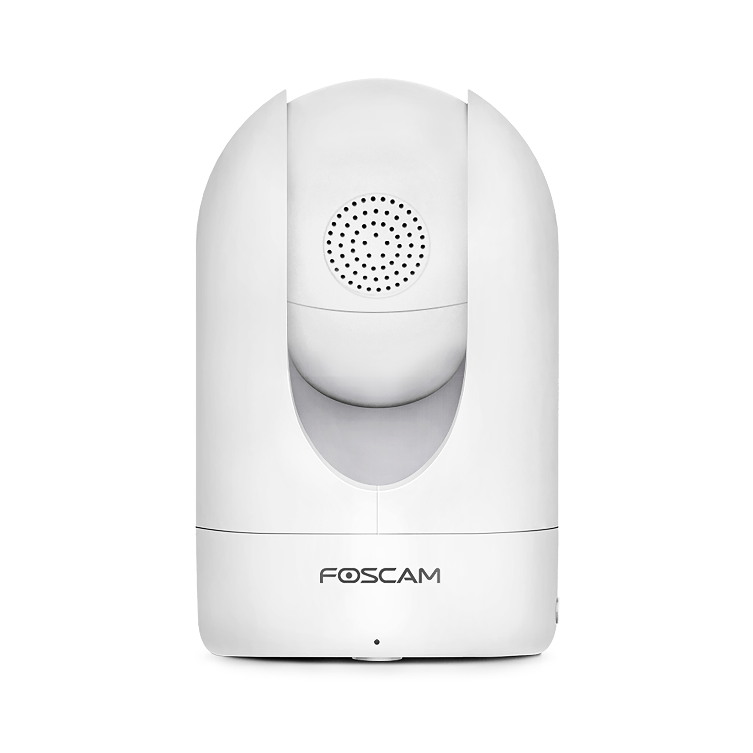 Caméra de sécurité blanche, forme arrondie. La marque 'Foscam' est visible.