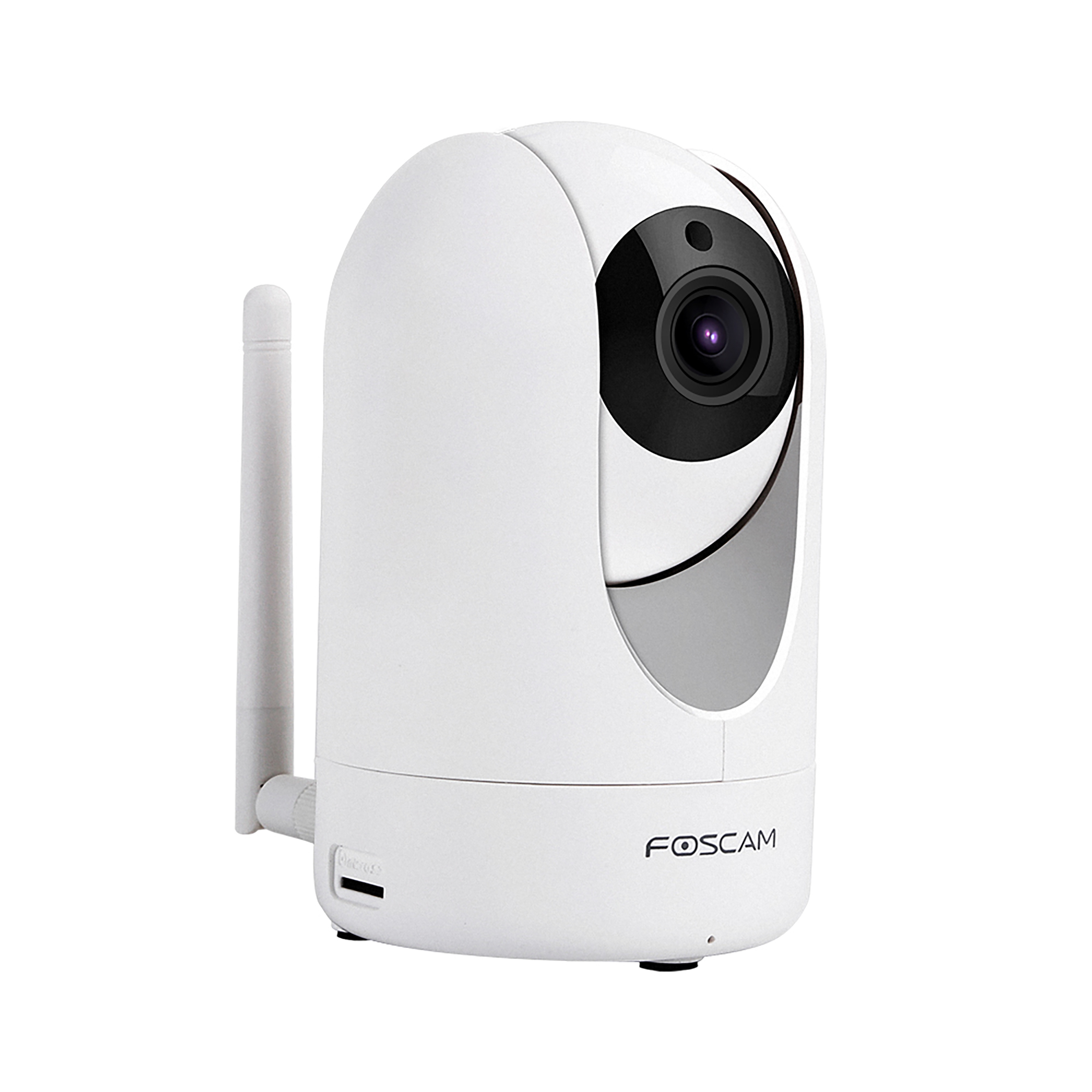 Caméra Foscam blanche avec objectif noir et antenne. Le nom de la marque est visible.
