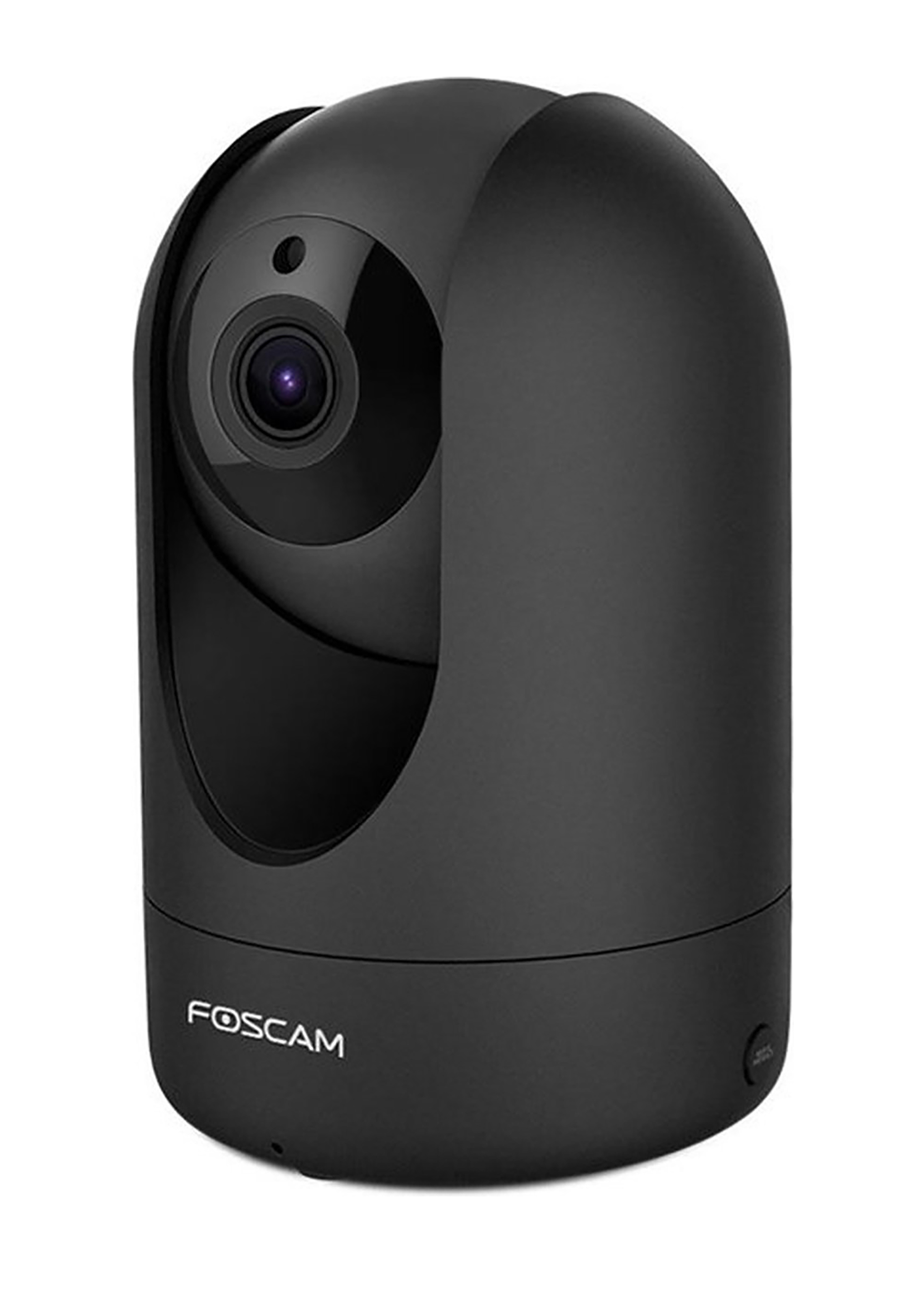 Black security camera with the brand name FOSCAM. The camera is rounded and upright.
