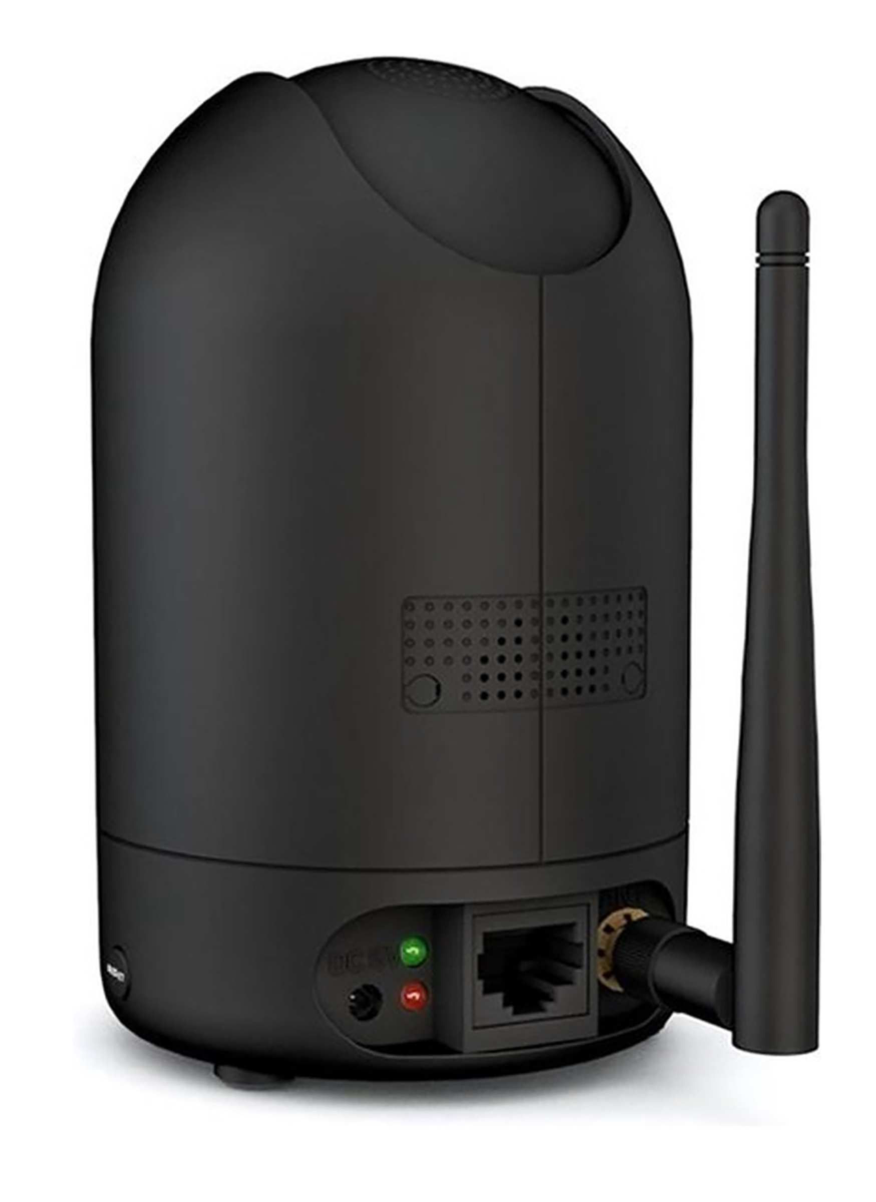 Black security camera with antenna. Back view. White background.