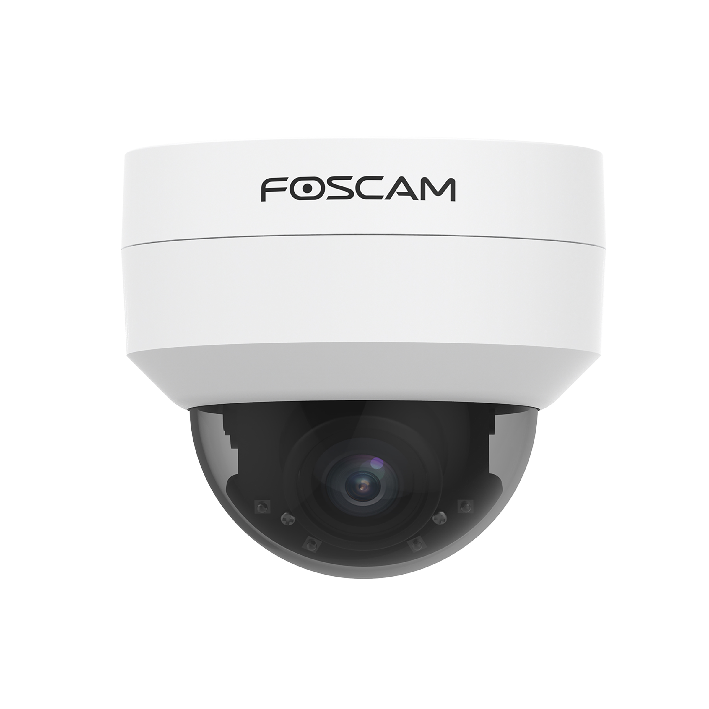 White security camera with the brand name FOSCAM. The camera is dome-shaped.