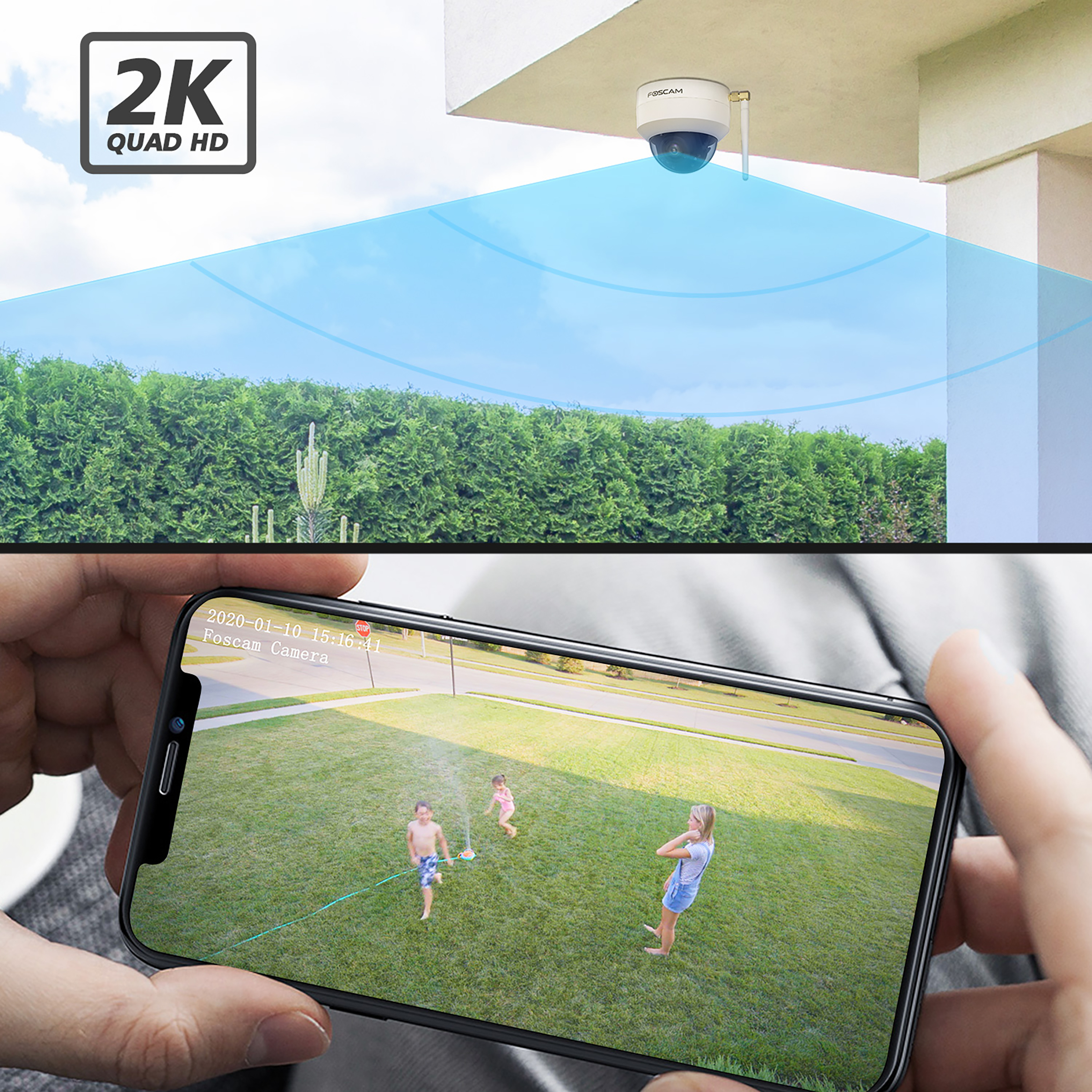Foscam camera pointed at a house. Phone shows a family playing on the grass.