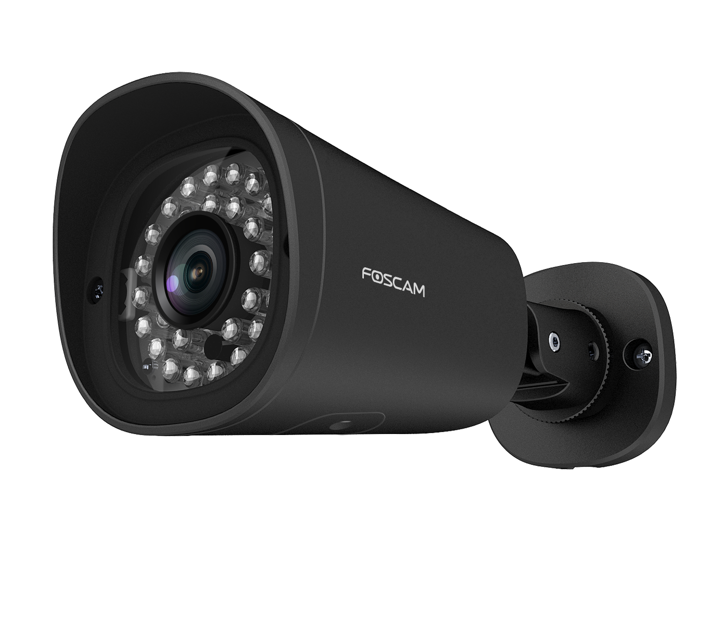 Telecamera di sicurezza Foscam nera con LED a infrarossi, montata a parete.