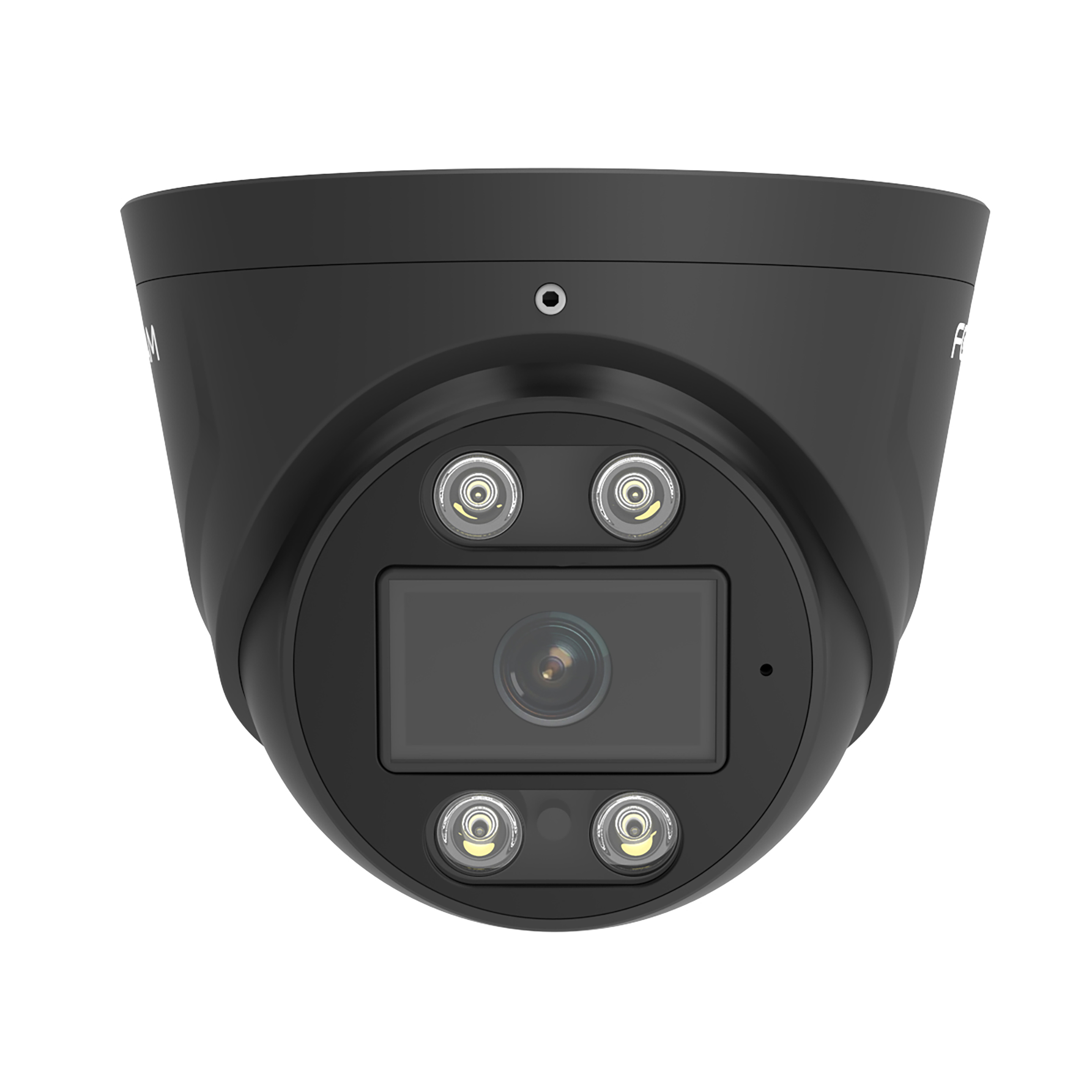 Black dome security camera with lights and a lens.