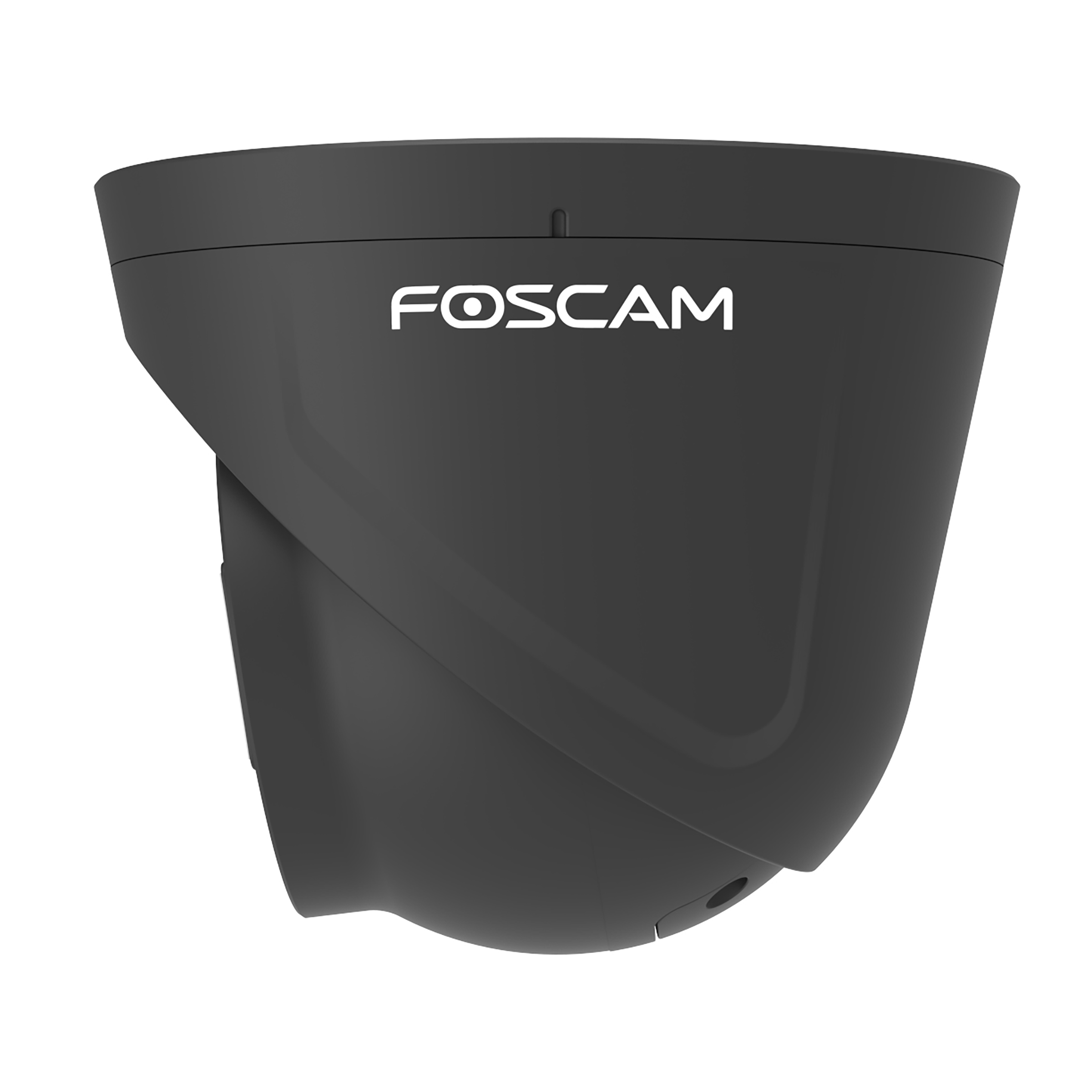 Black security camera with a curved design. The camera has a white logo. The background is white.