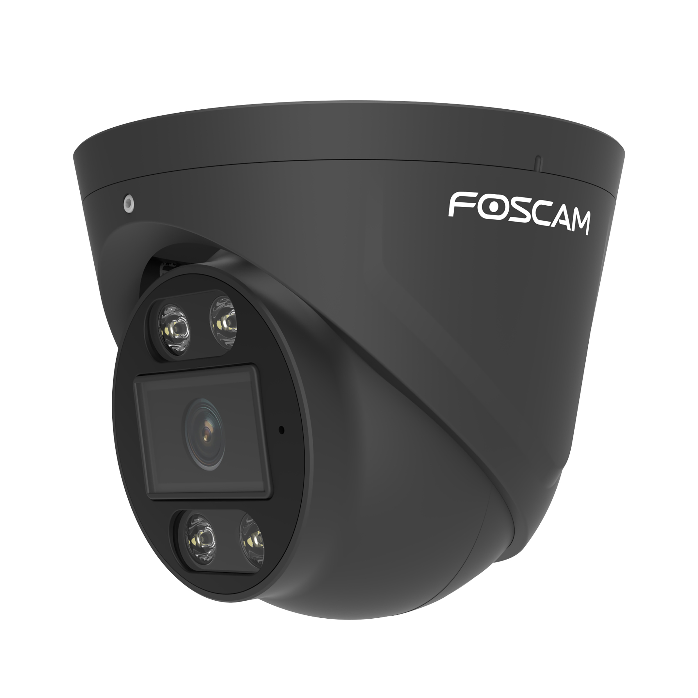 Black dome security camera with a white FOSCAM logo. It has a lens and LEDs.