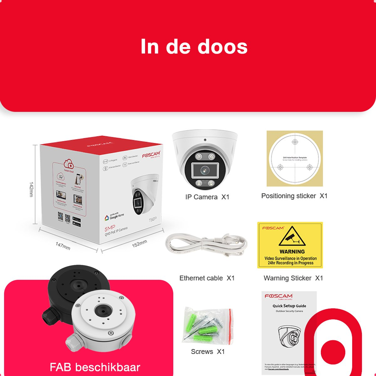 Zestaw kamery IP w pudełku z kamerą, kablem, montażem i naklejką ostrzegawczą.