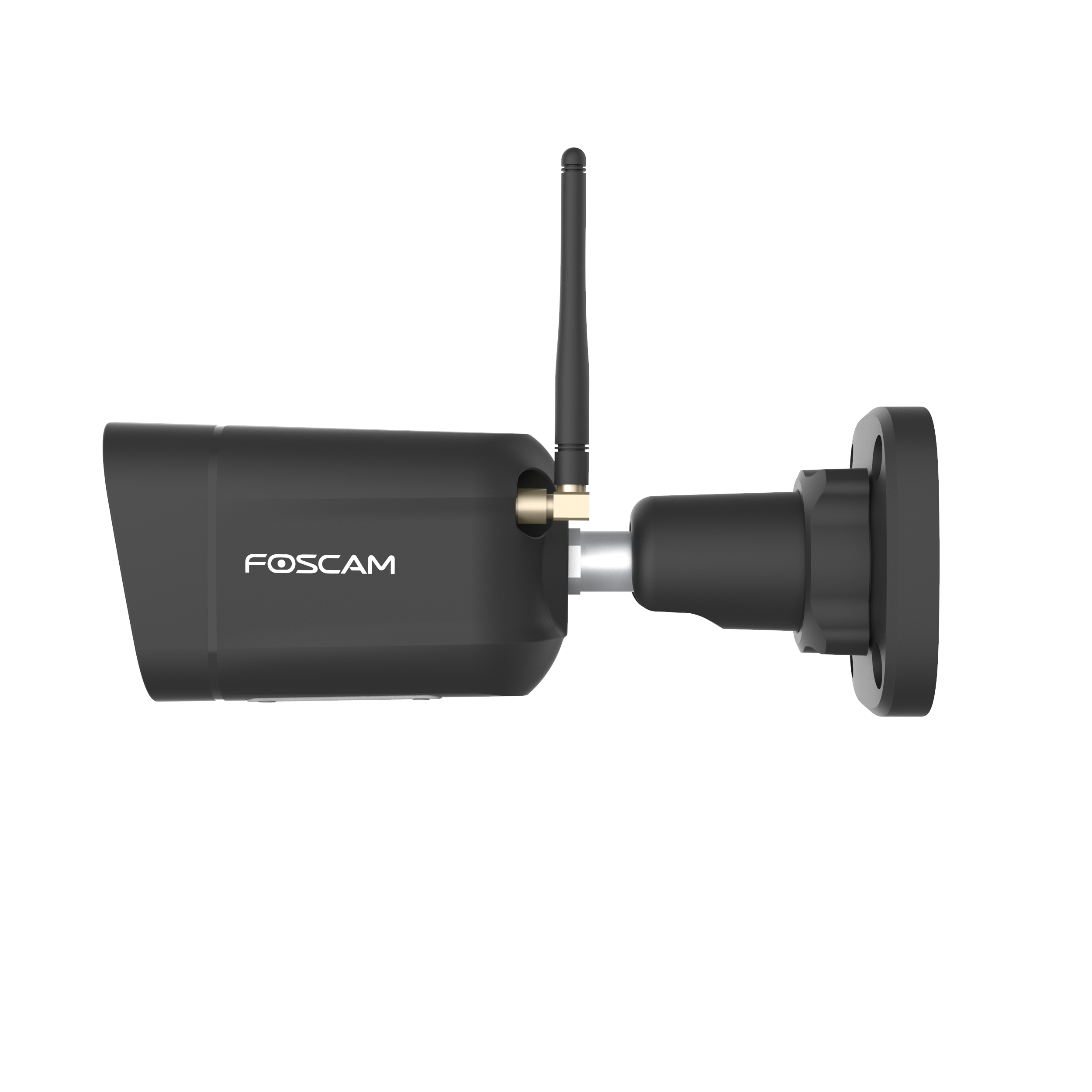 Zwarte Foscam beveiligingscamera. Het heeft een antenne en een zwarte beugel.