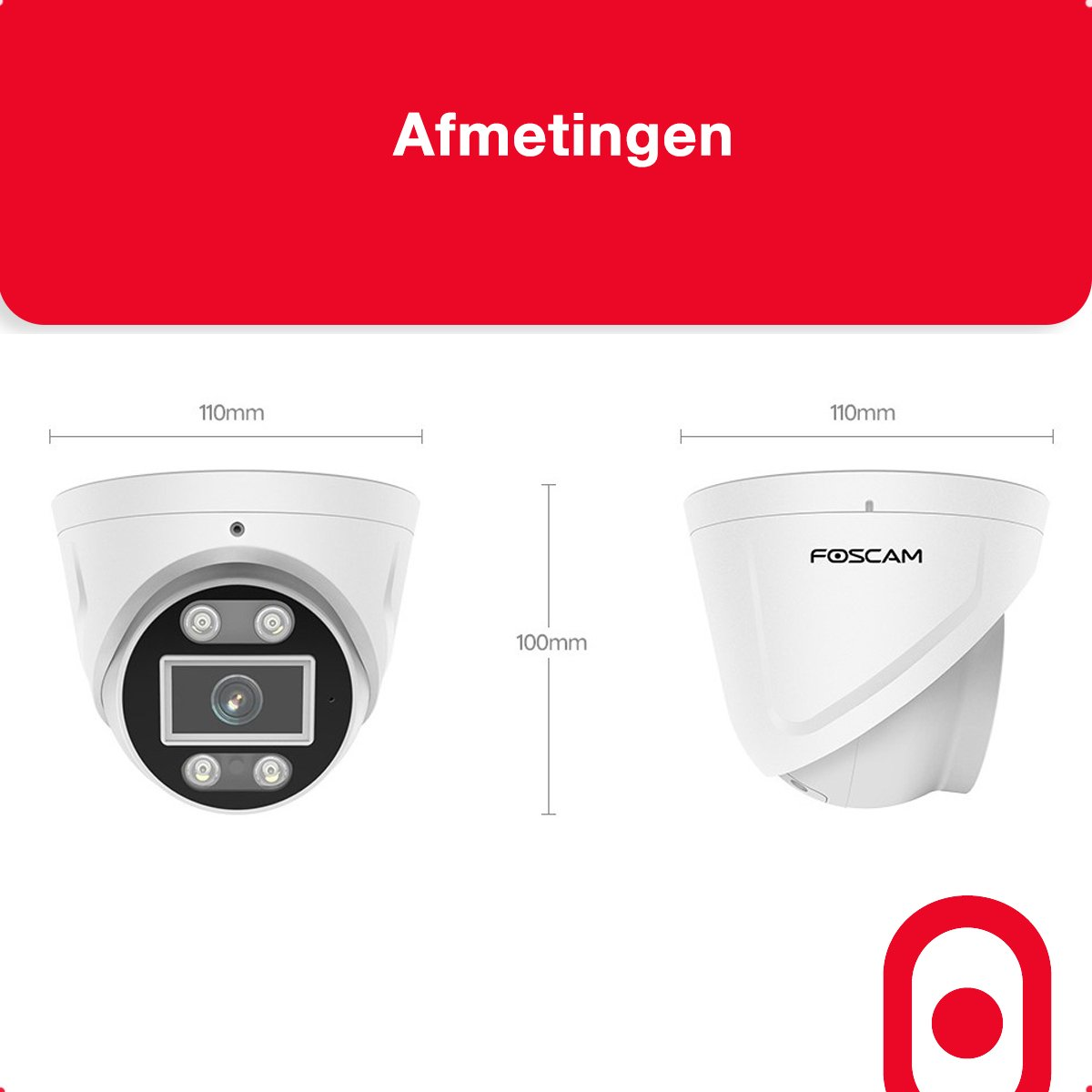 Dwie białe kamery bezpieczeństwa pokazujące wymiary. Jeden widok pokazuje przód, drugi bok.