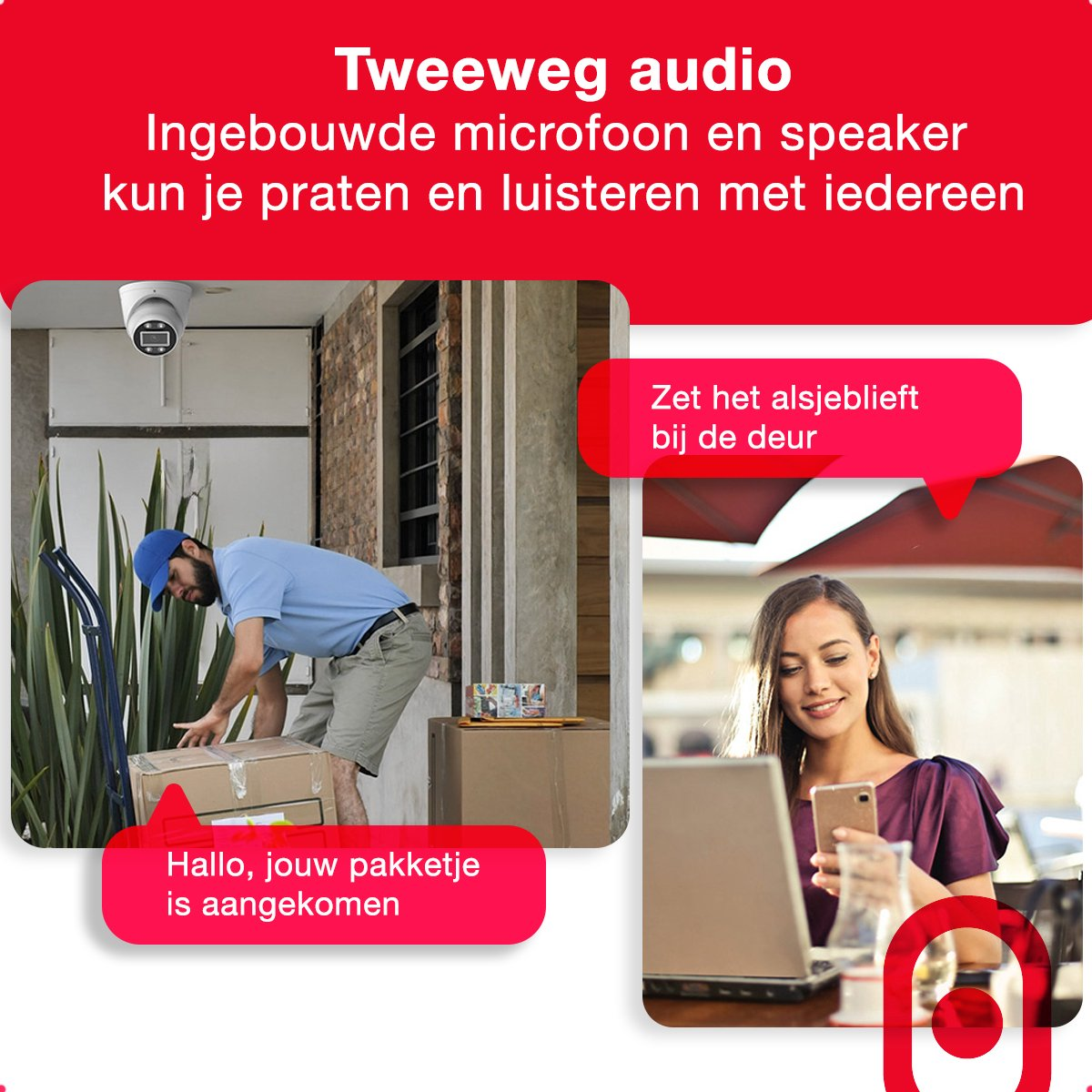 Scena dostawy. Kamera na drzwiach. Ludzie rozmawiają przez telefon i laptop.