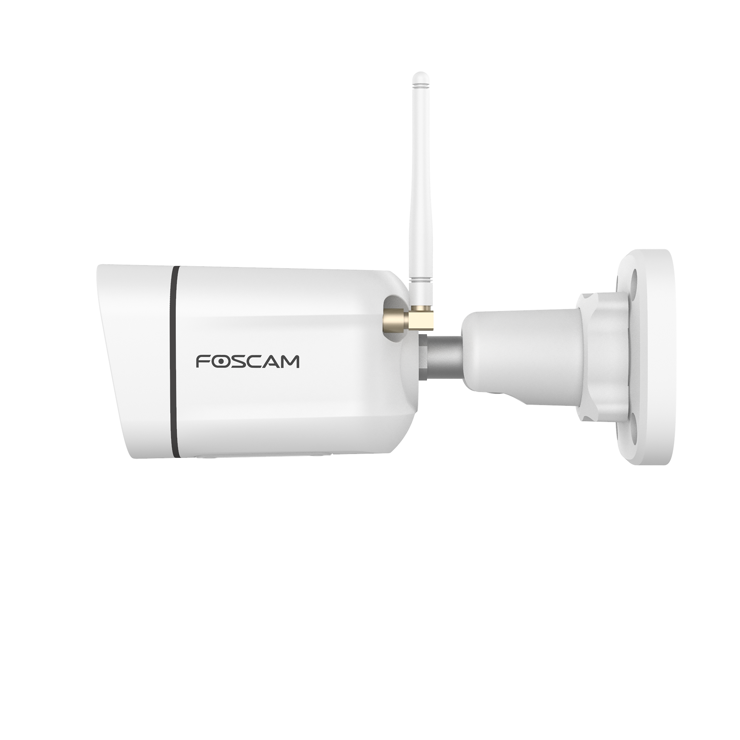 White FOSCAM security camera with an antenna. It is mounted on a white wall fixture.