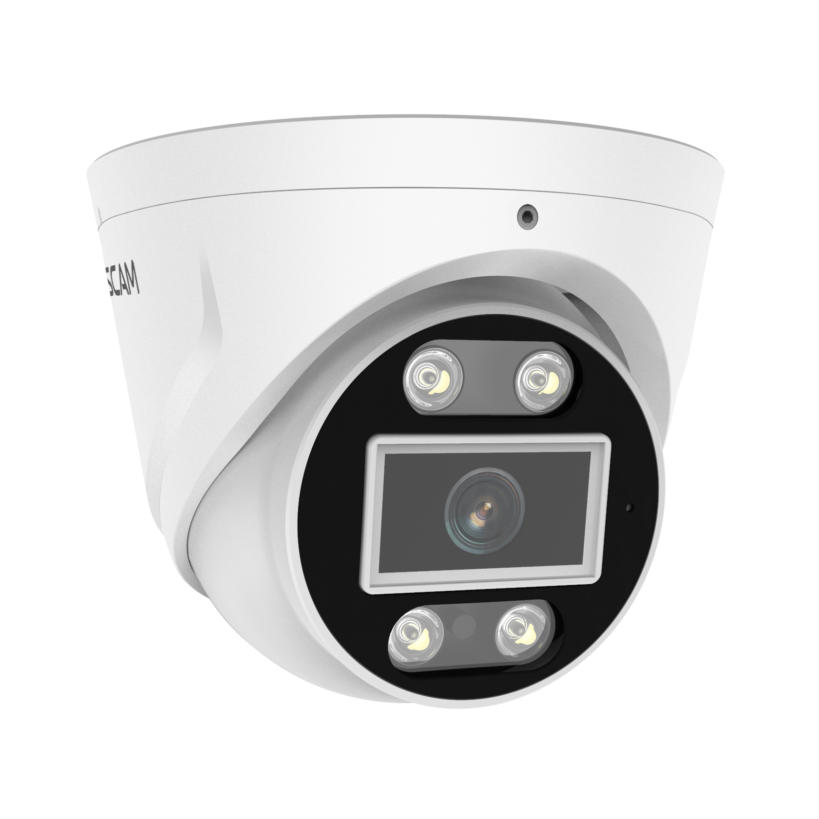 Witte dome-beveiligingscamera met lichten, lens en merklogo.