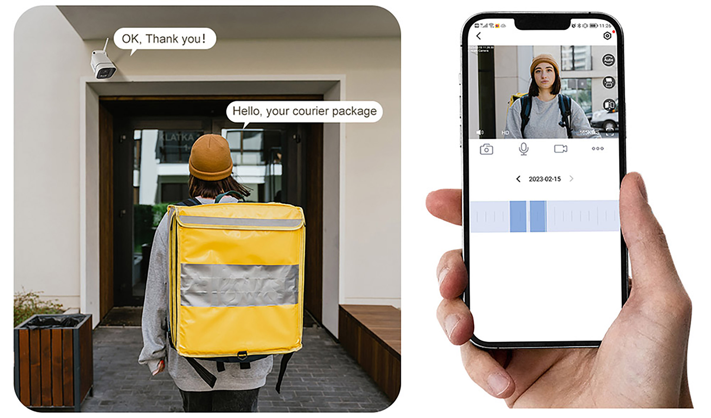 Osoba z żółtą torbą, a ekran telefonu pokazuje wideo.
