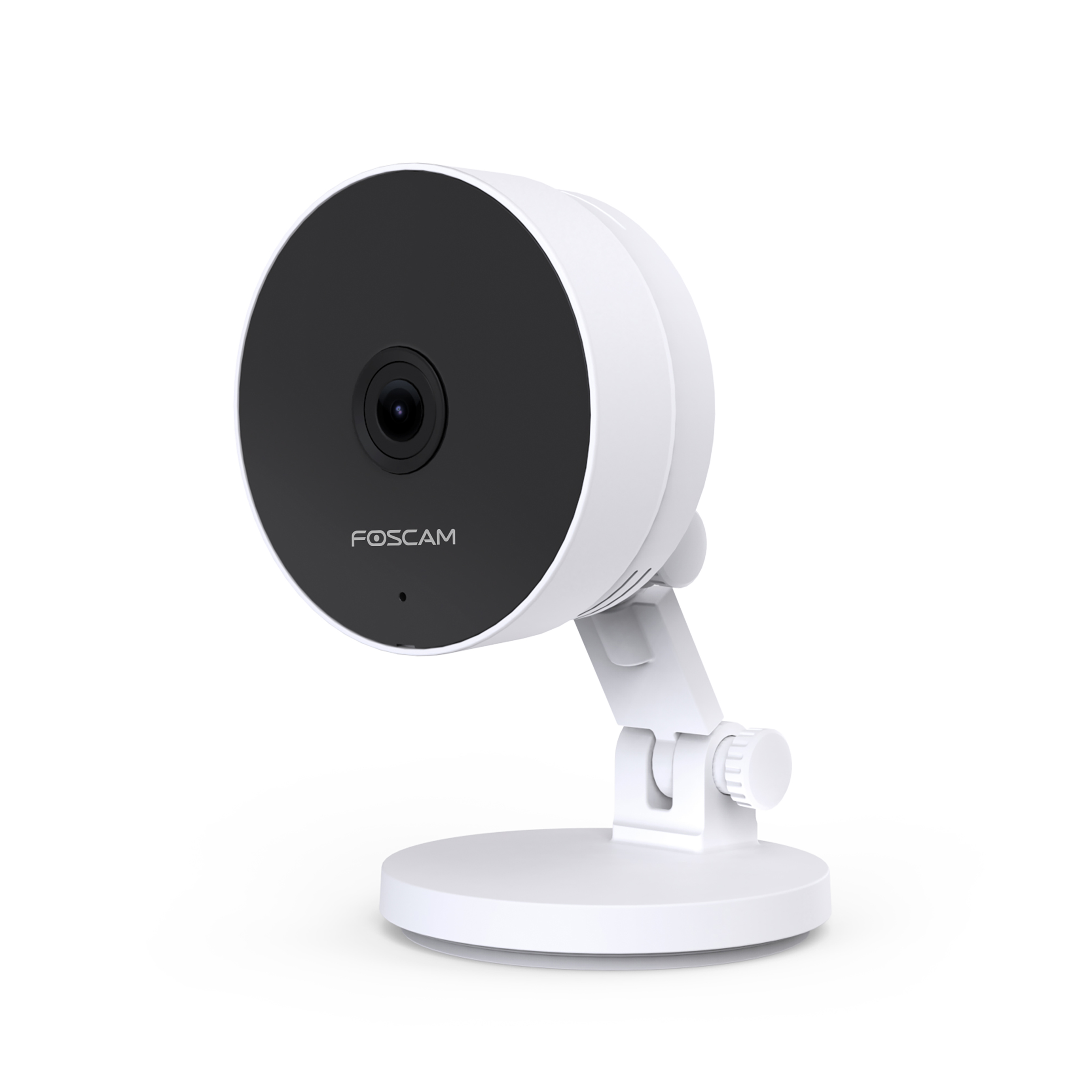 Telecamera di sicurezza Foscam bianca su supporto bianco. Presenta un obiettivo nero.