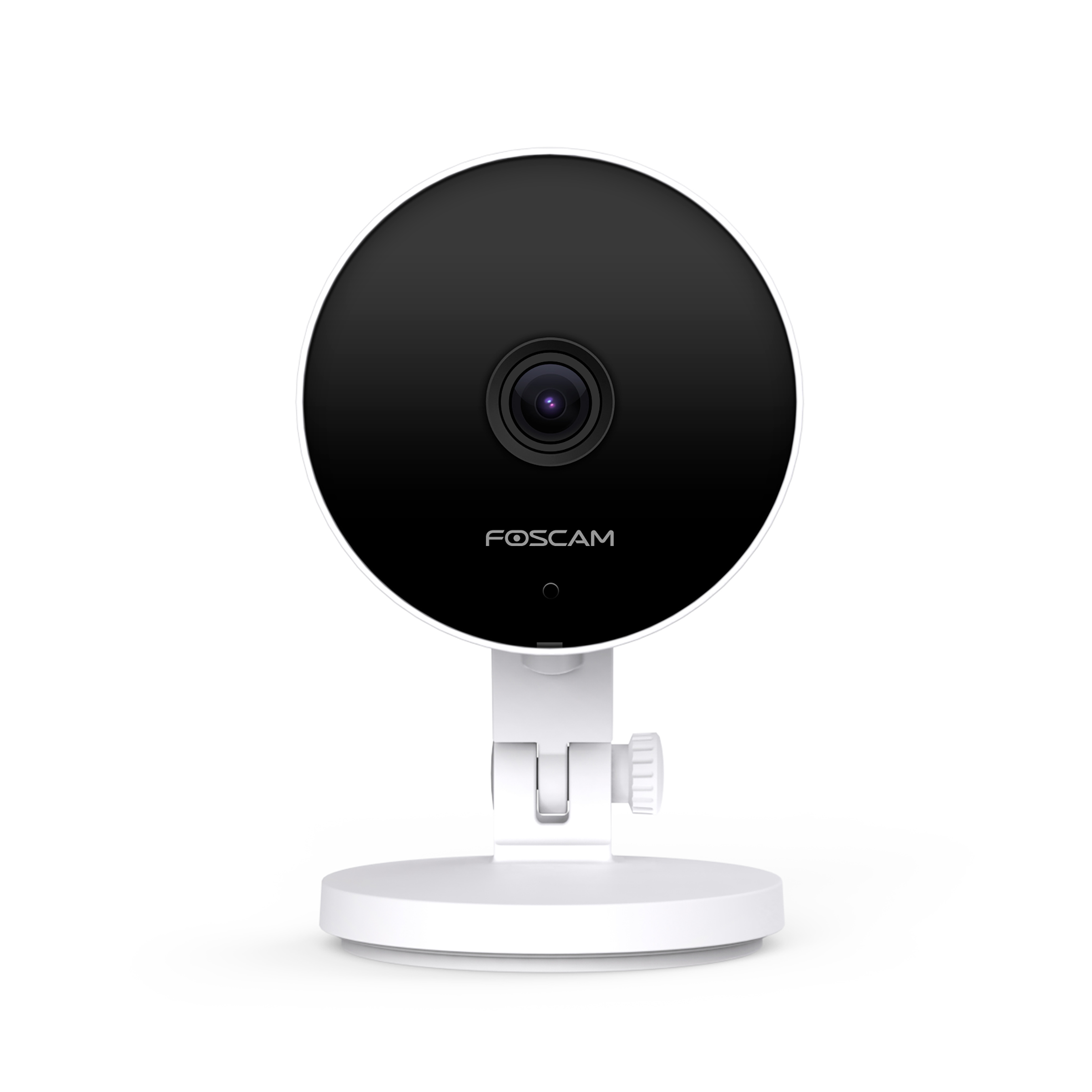 Telecamera di sicurezza bianca su un supporto bianco. La telecamera ha un frontale nero e un obiettivo. Lo sfondo è bianco.