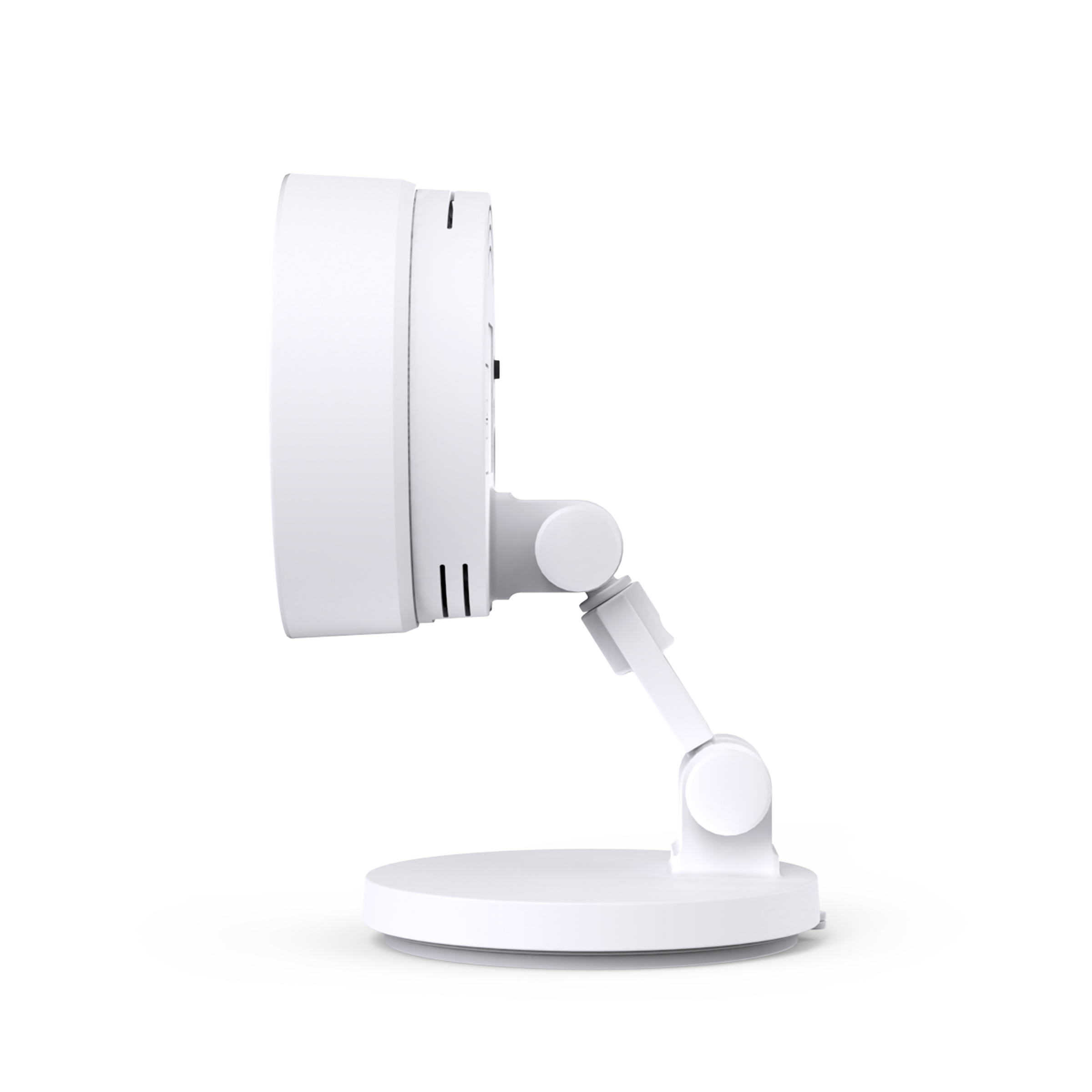 Telecamera di sicurezza bianca su supporto bianco, vista laterale, per interni.