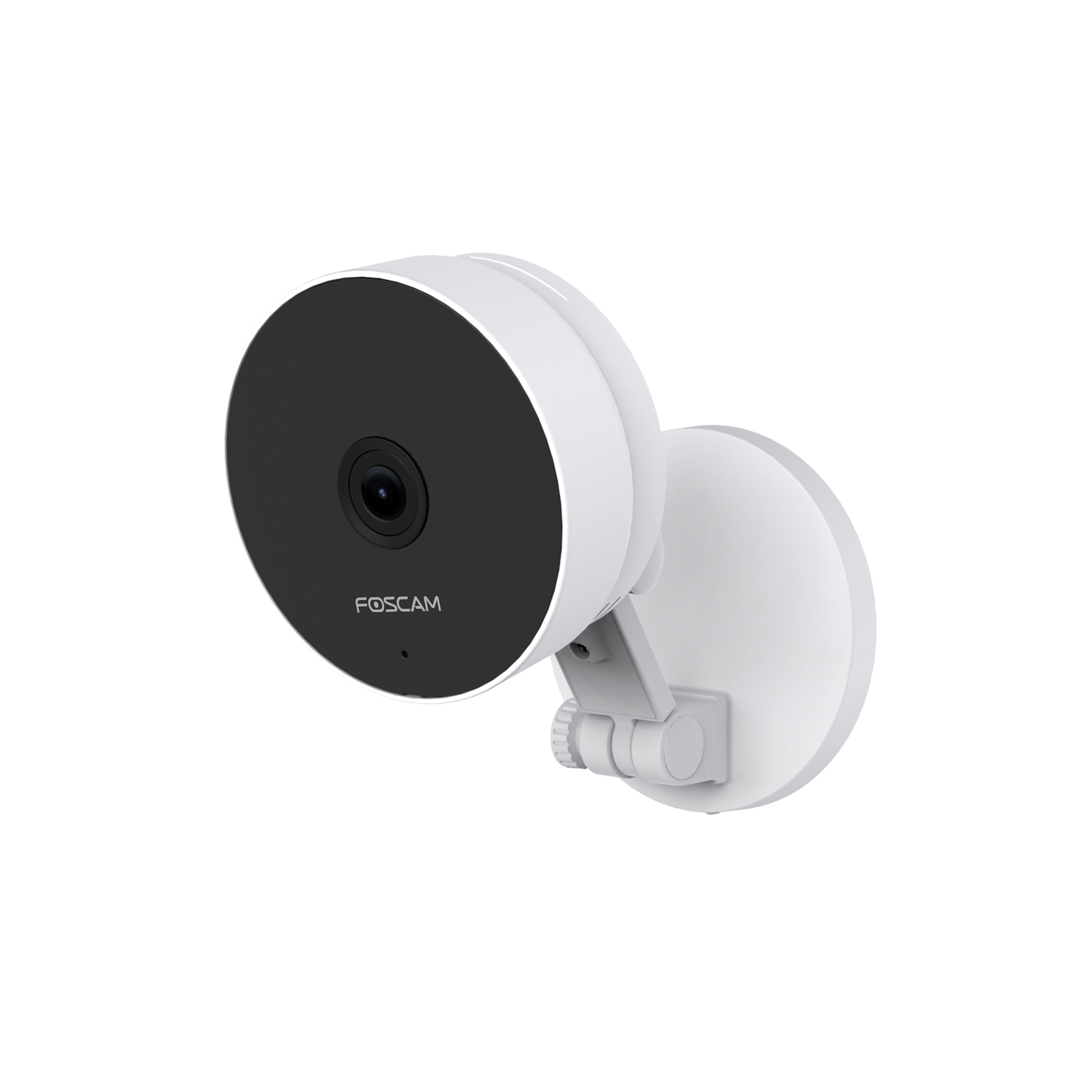 Telecamera di sicurezza Foscam bianca su base bianca. Obiettivo nero e logo Foscam.