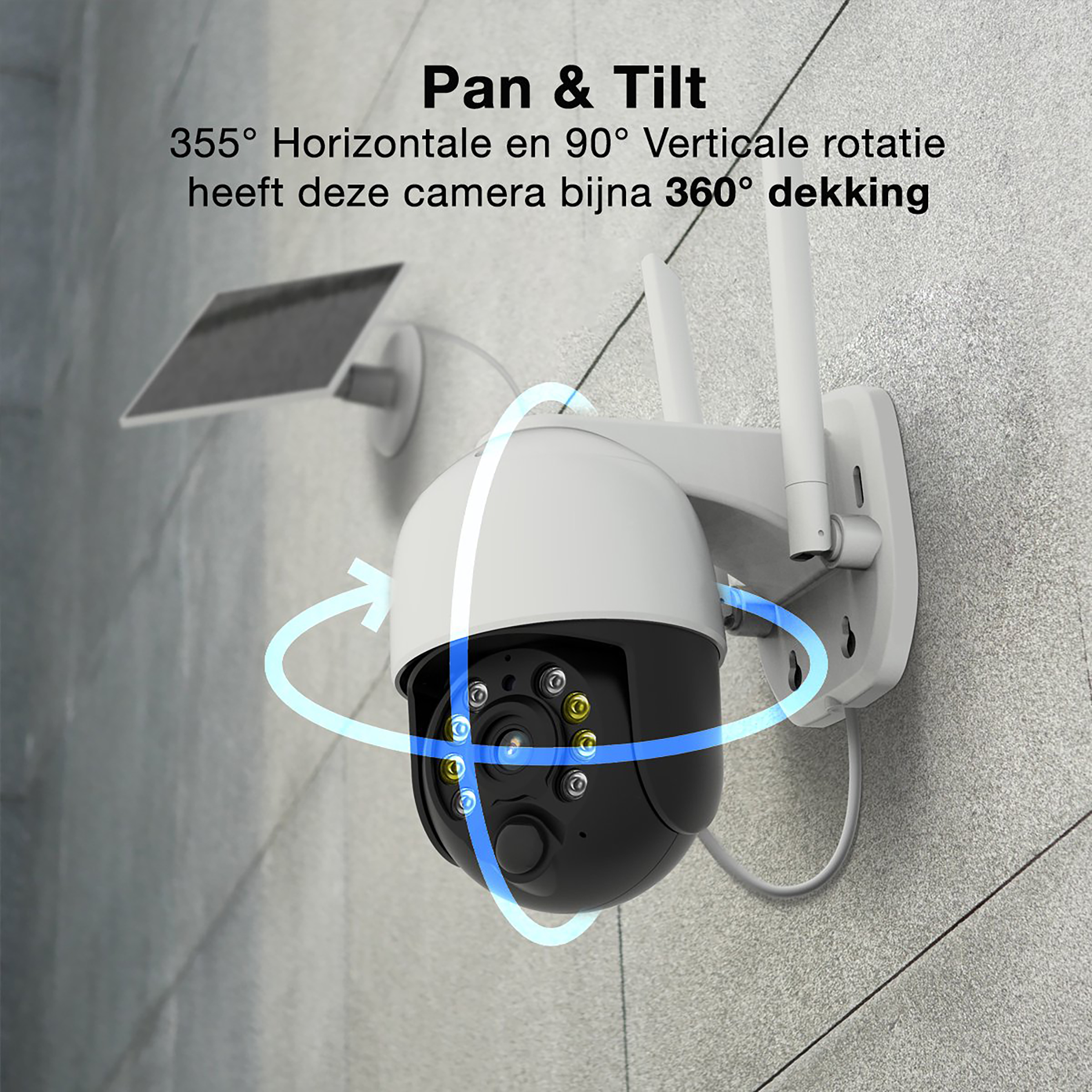 Buitencamera met roterende pijlen. Tekst: 360 graden dekking.