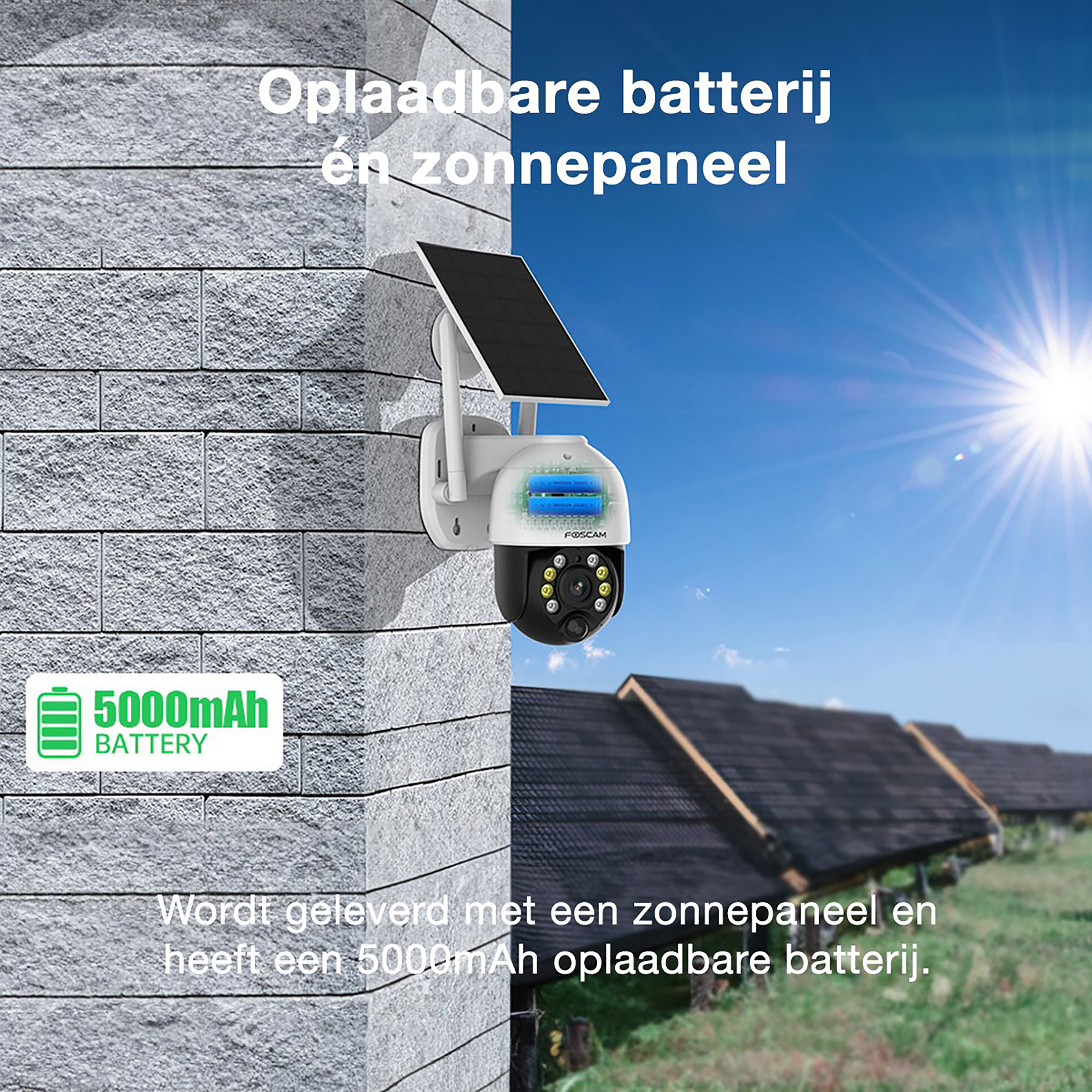 Buitenbeveiligingscamera met zonnepaneel. Gemonteerd op een grijze bakstenen muur.