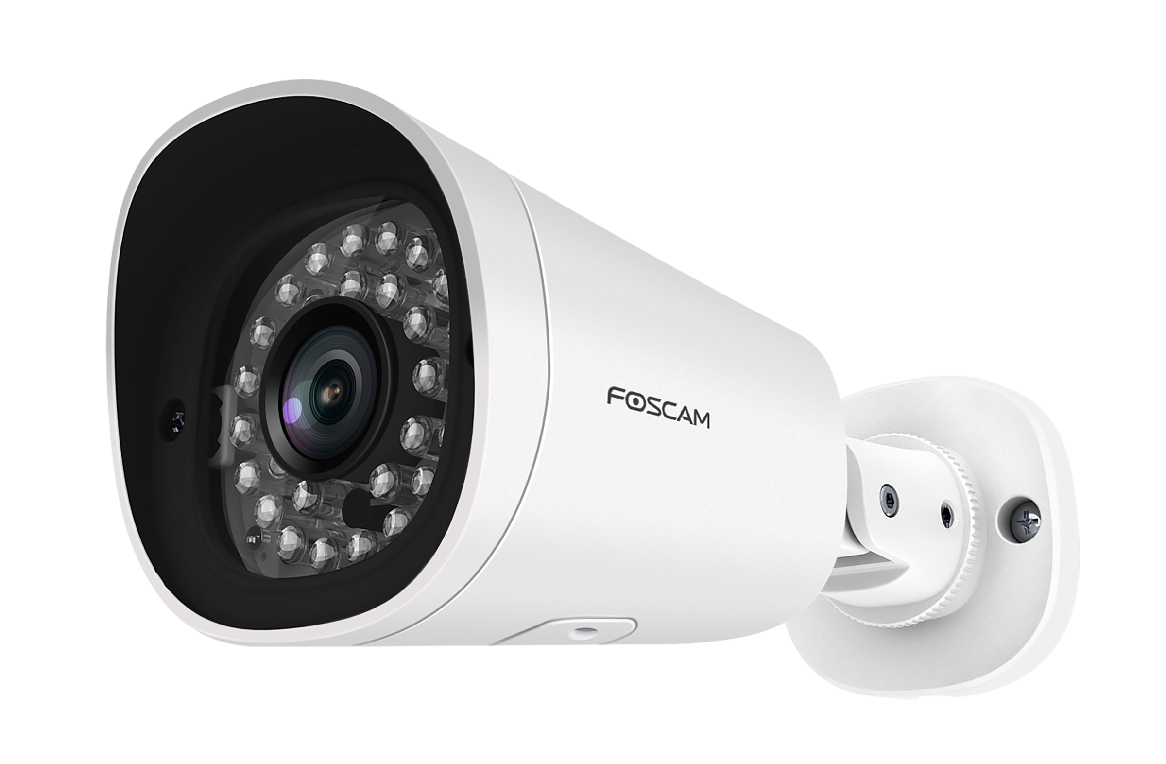 Biała kamera bezpieczeństwa FOSCAM z wieloma diodami LED. Kamera jest zamontowana na białej powierzchni.