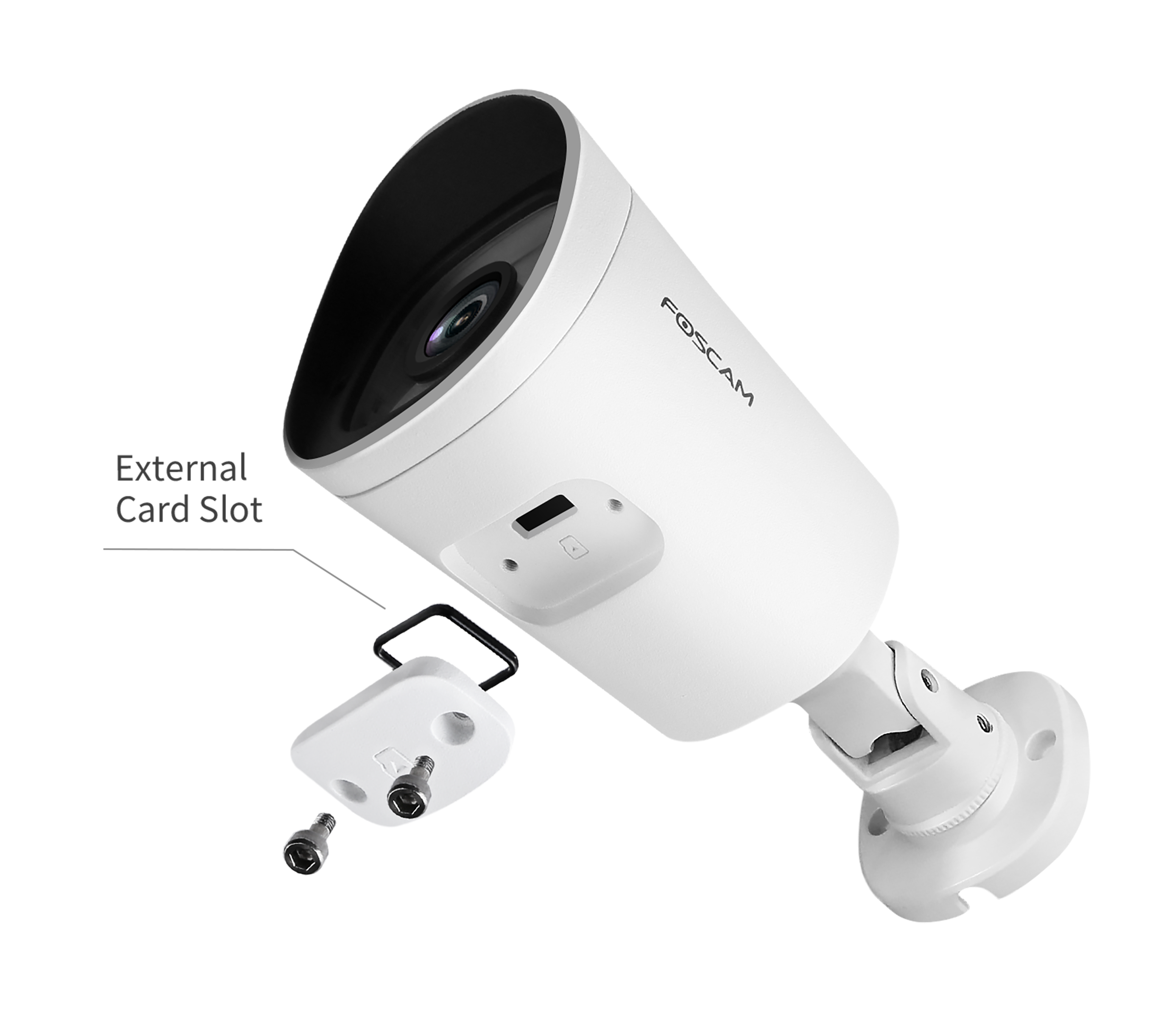 Biała kamera bezpieczeństwa Foscam z zewnętrznym gniazdem kart. Czarny obiektyw, mocowanie. Tekst: Foscam.