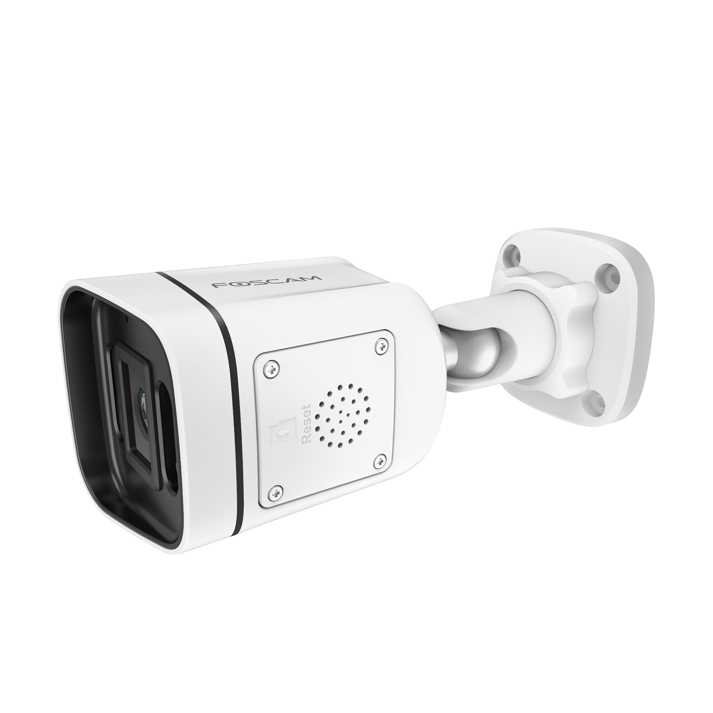 White Foscam security camera with a dark lens and a reset button. It is mounted to a wall.