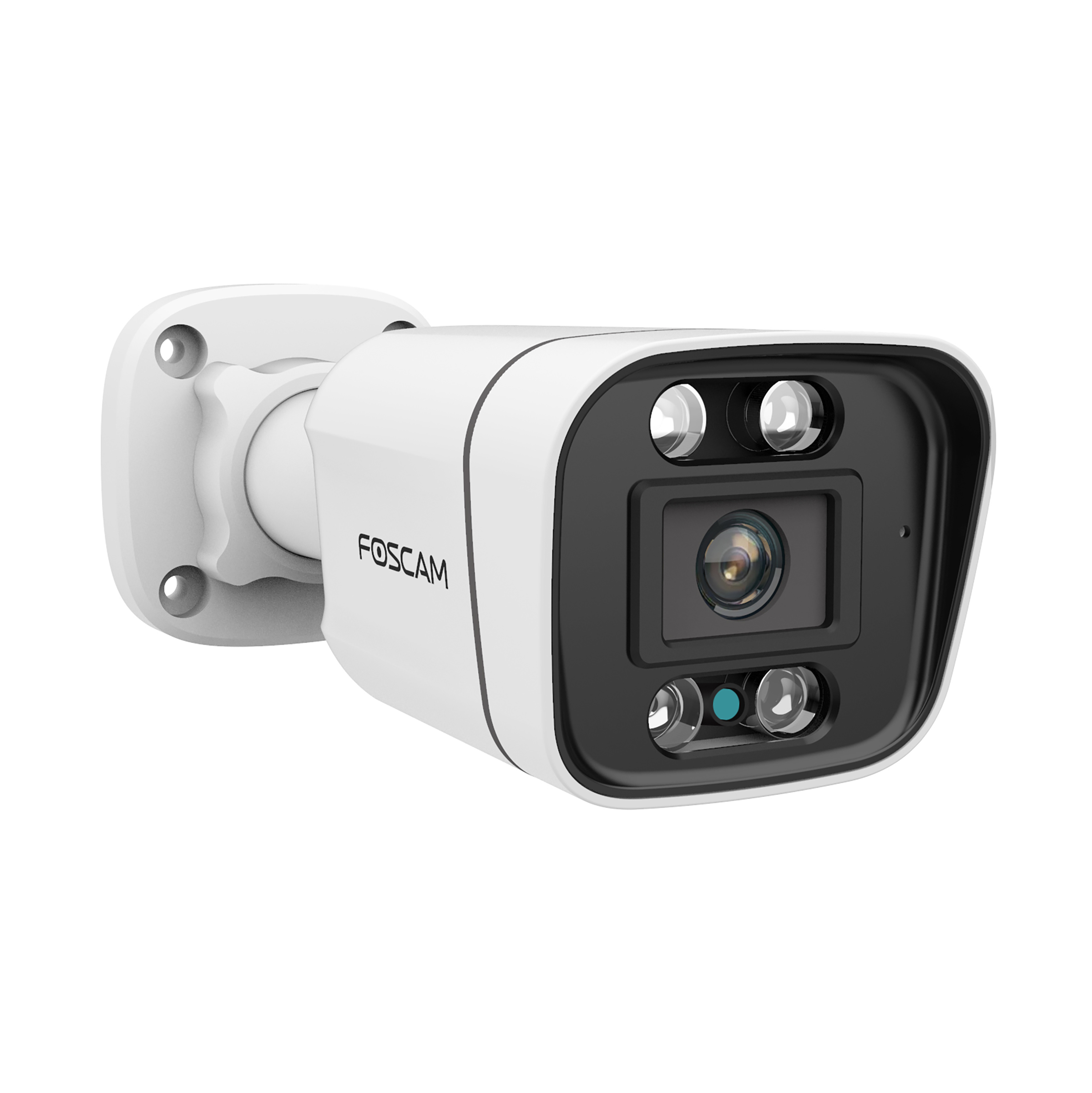 White Foscam security camera with black accents, lens, and infrared lights, mounted on a white surface.