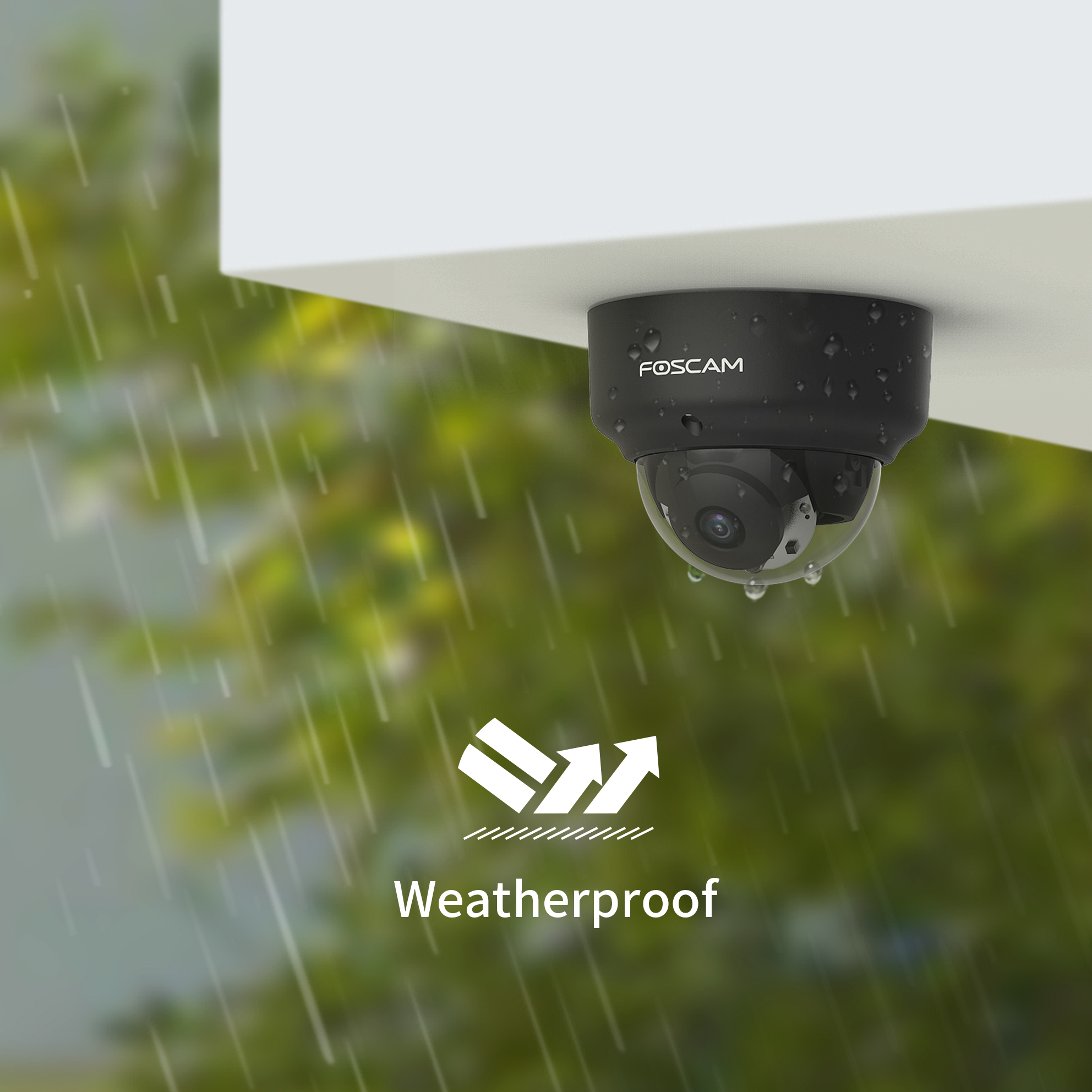 Czarna kamera kopułkowa zamontowana pod białą powierzchnią. Pada deszcz. Tekst 'Weatherproof'.