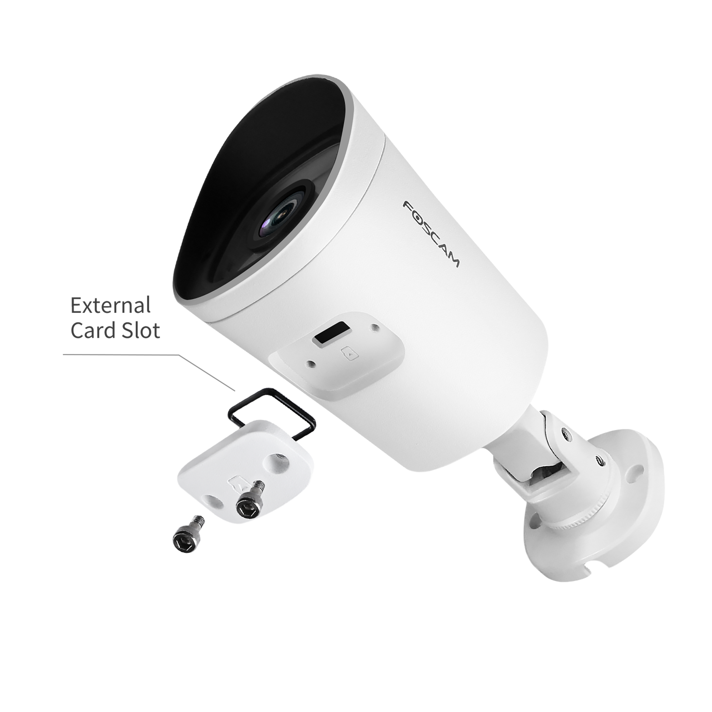 White security camera with an external card slot and a black background.