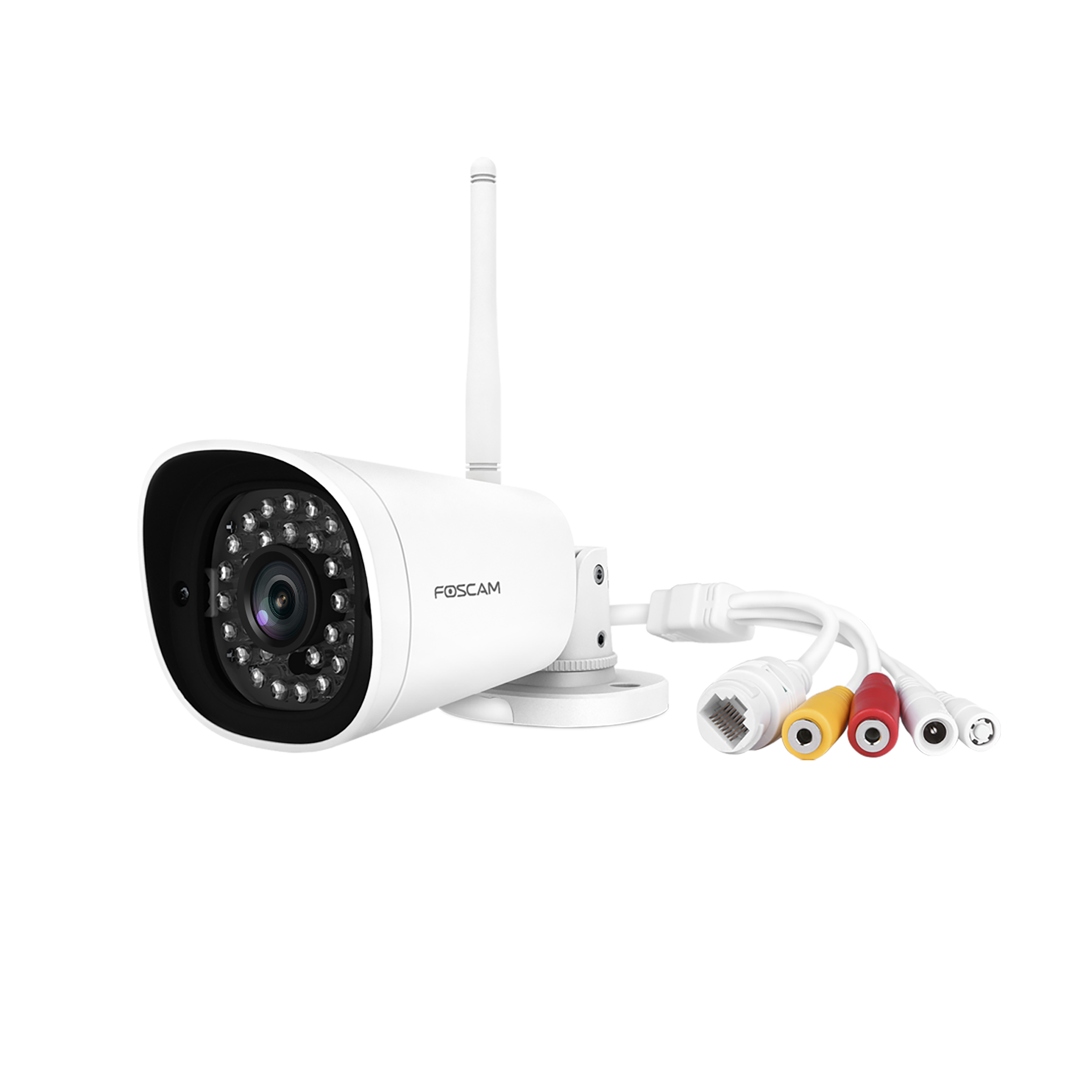 A white Foscam security camera with an antenna, connected by wires, against a white background.